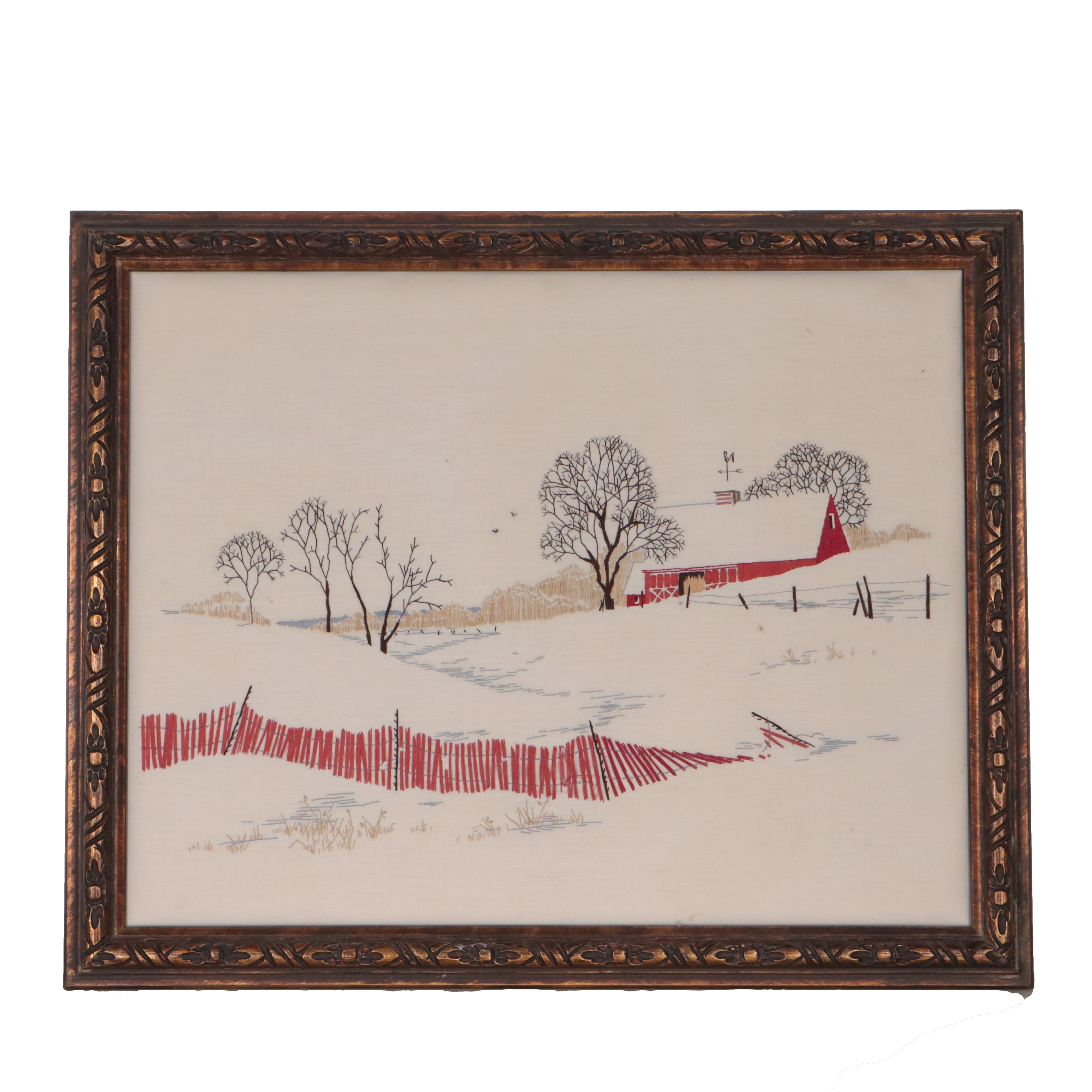 Embroidered Winter Landscape and Red Barn Composition