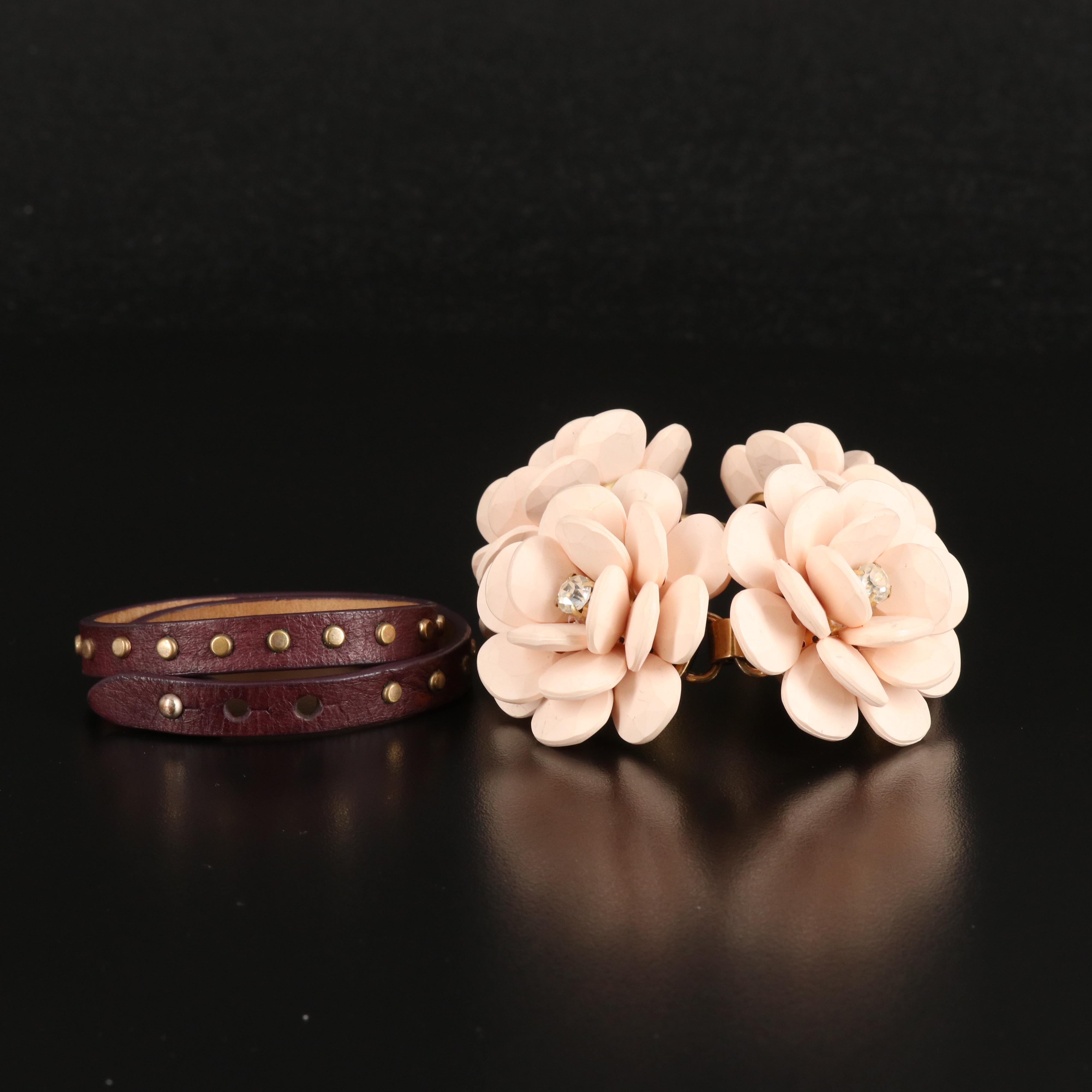 J. Crew Flower Bracelet with Leather Double Wrap Bracelet
