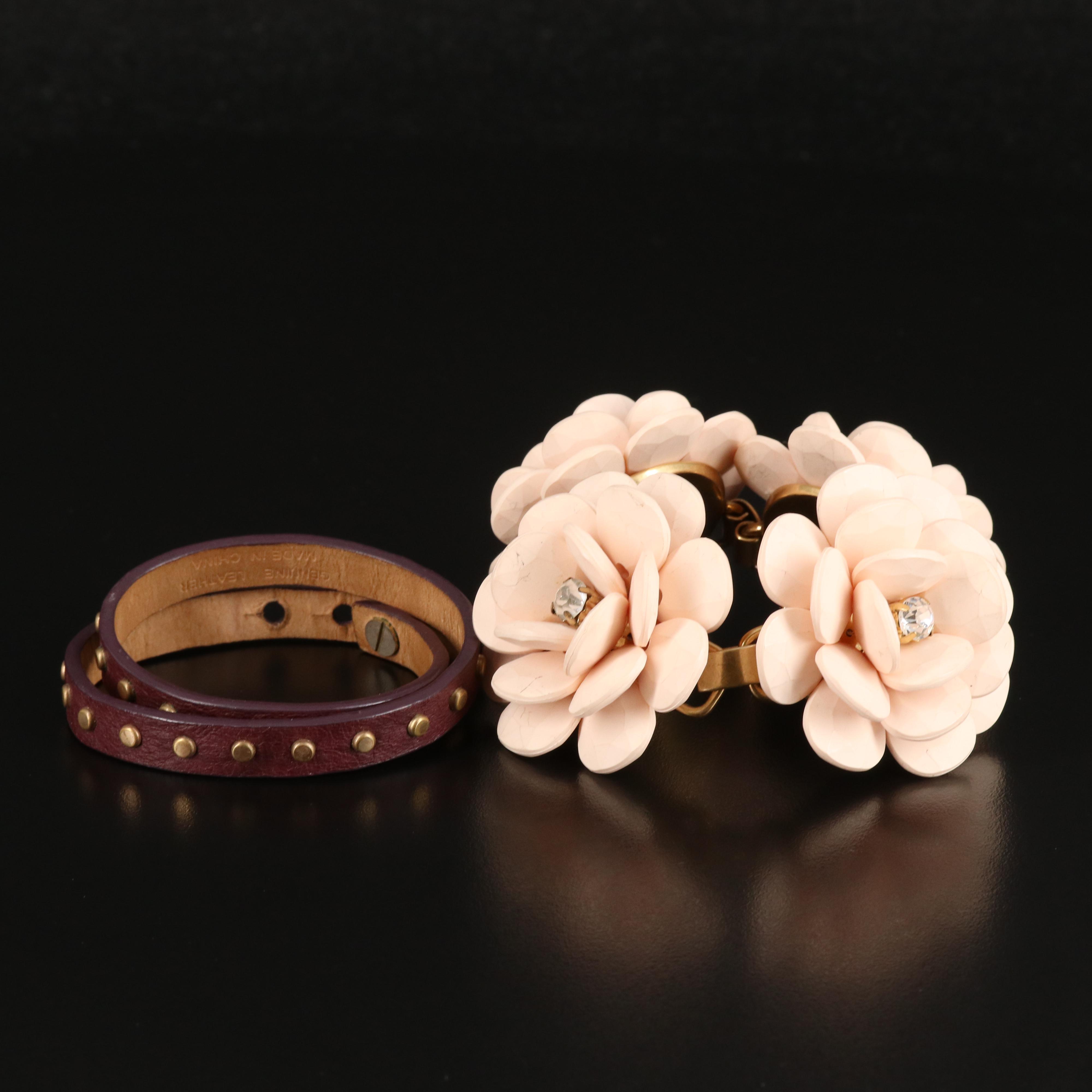 J. Crew Flower Bracelet with Leather Double Wrap Bracelet
