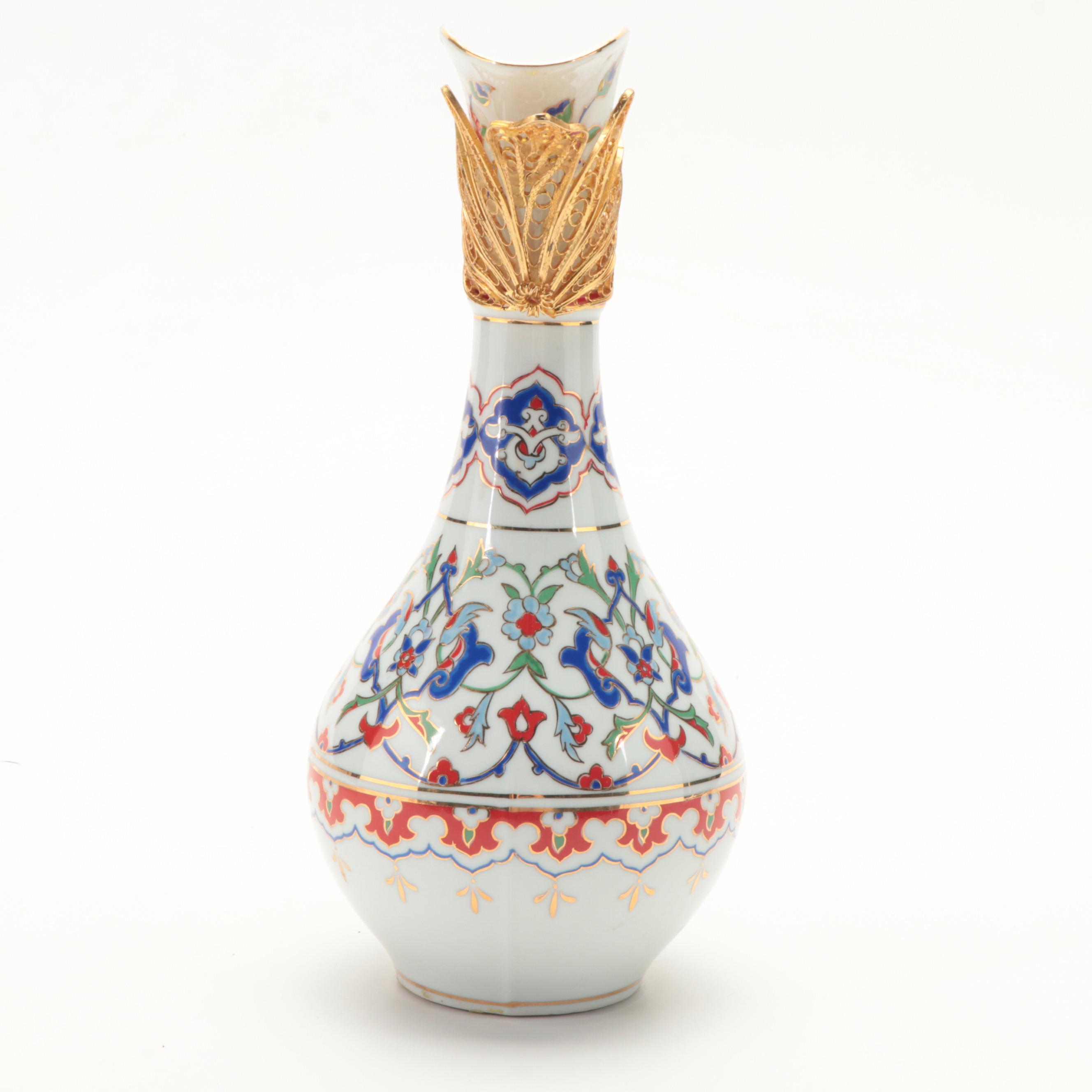 Hand-Painted Dresden Porcelain Ewer with Gilt Filigree Mounts