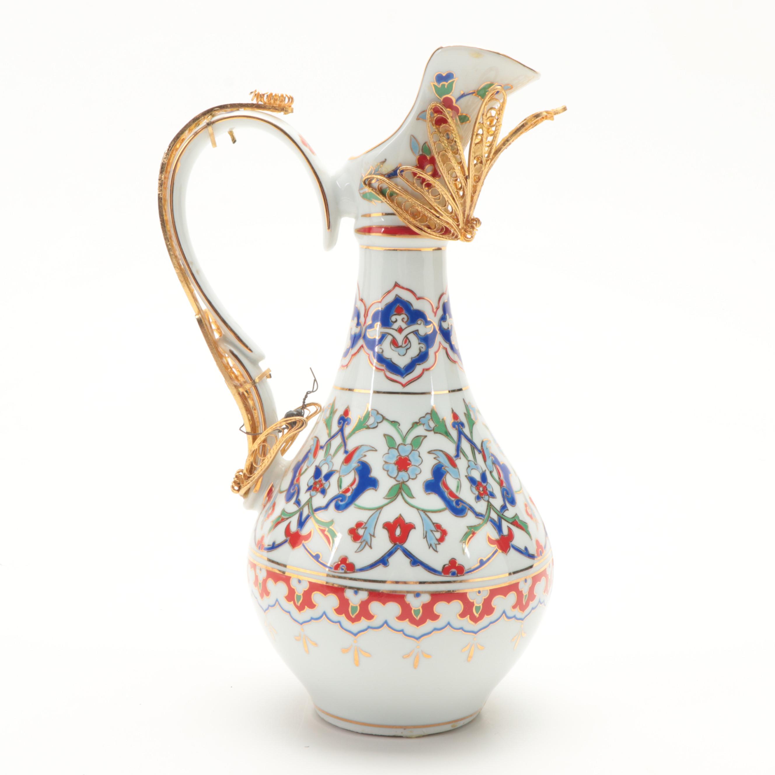 Hand-Painted Dresden Porcelain Ewer with Gilt Filigree Mounts