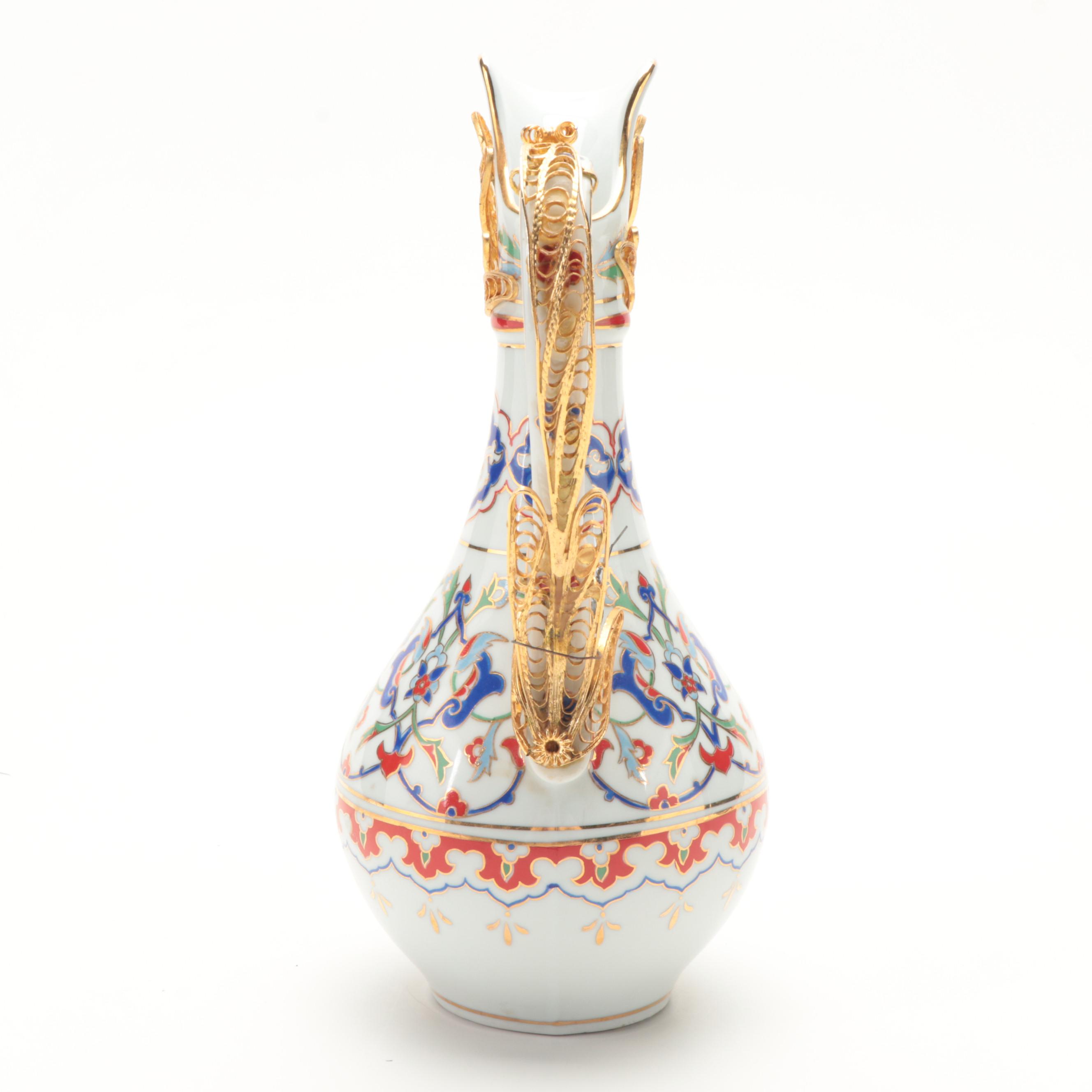 Hand-Painted Dresden Porcelain Ewer with Gilt Filigree Mounts