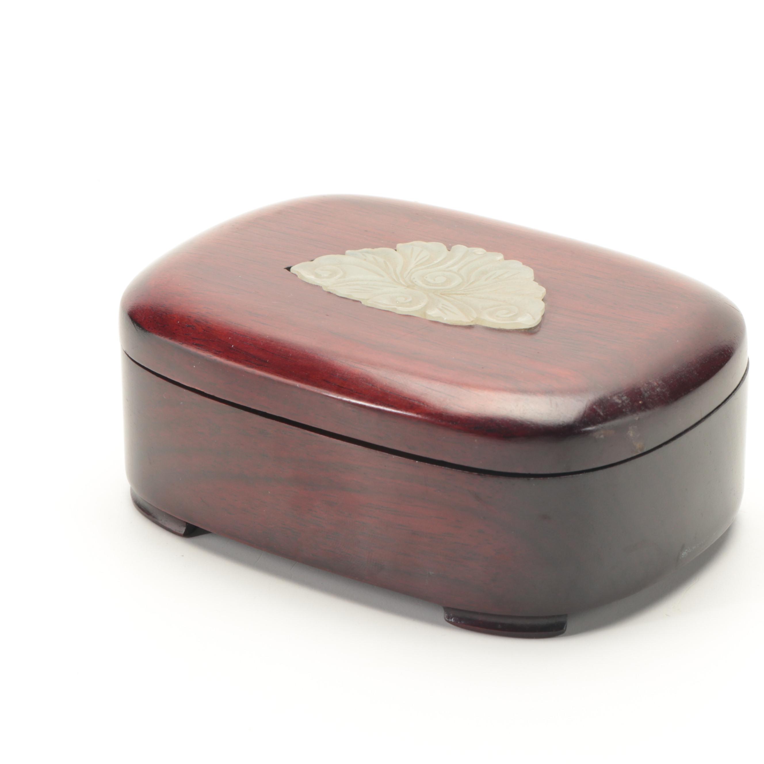 Chinese Serpentine and Rosewood Box with Foil Cloisonné Bud Vase