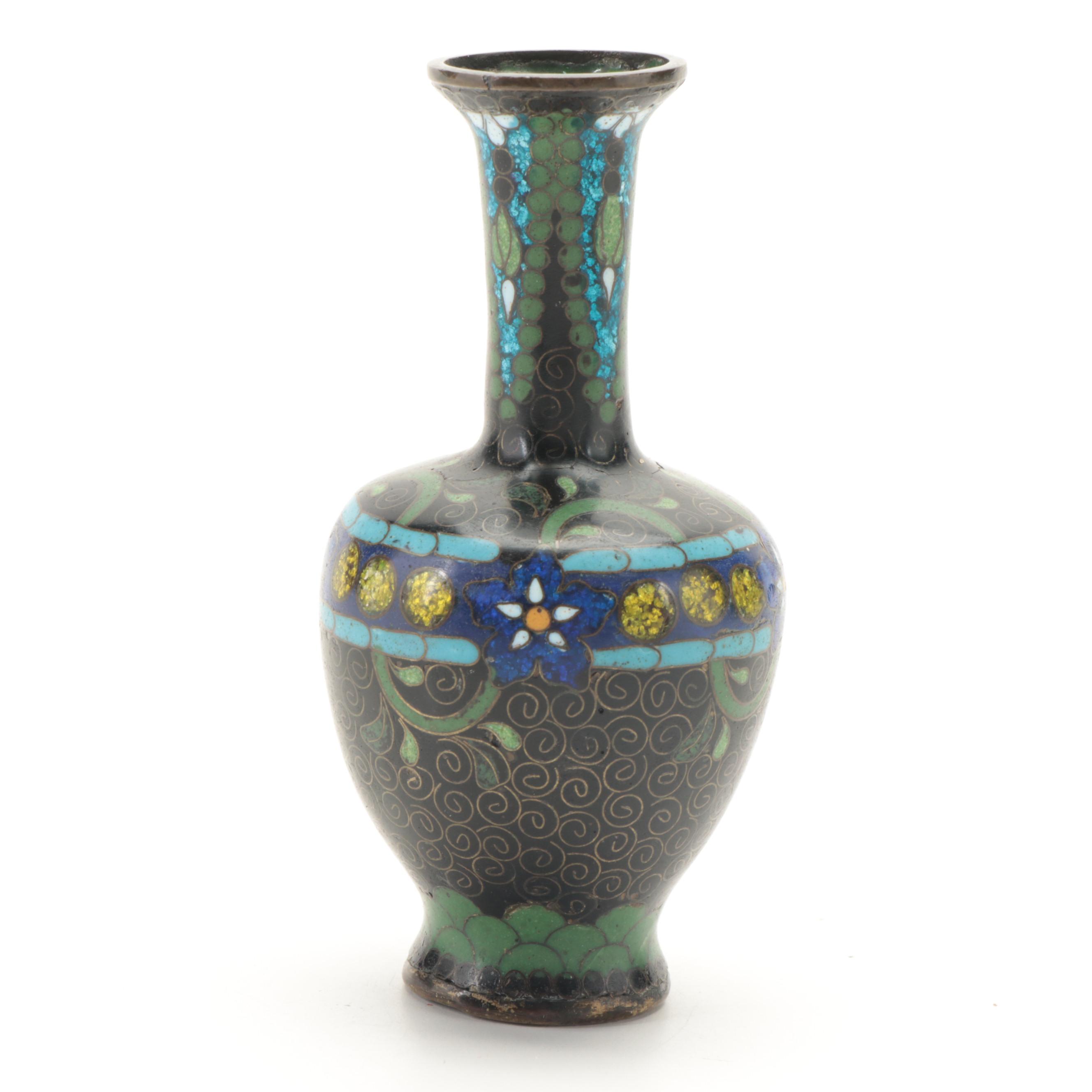 Chinese Serpentine and Rosewood Box with Foil Cloisonné Bud Vase