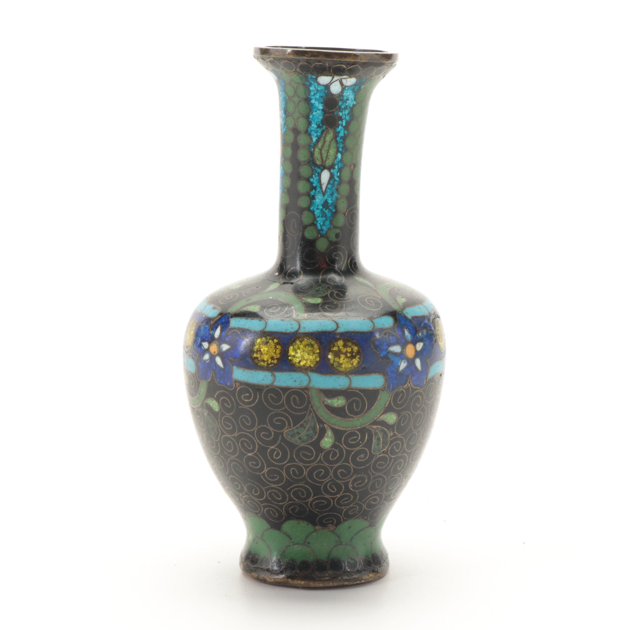 Chinese Serpentine and Rosewood Box with Foil Cloisonné Bud Vase