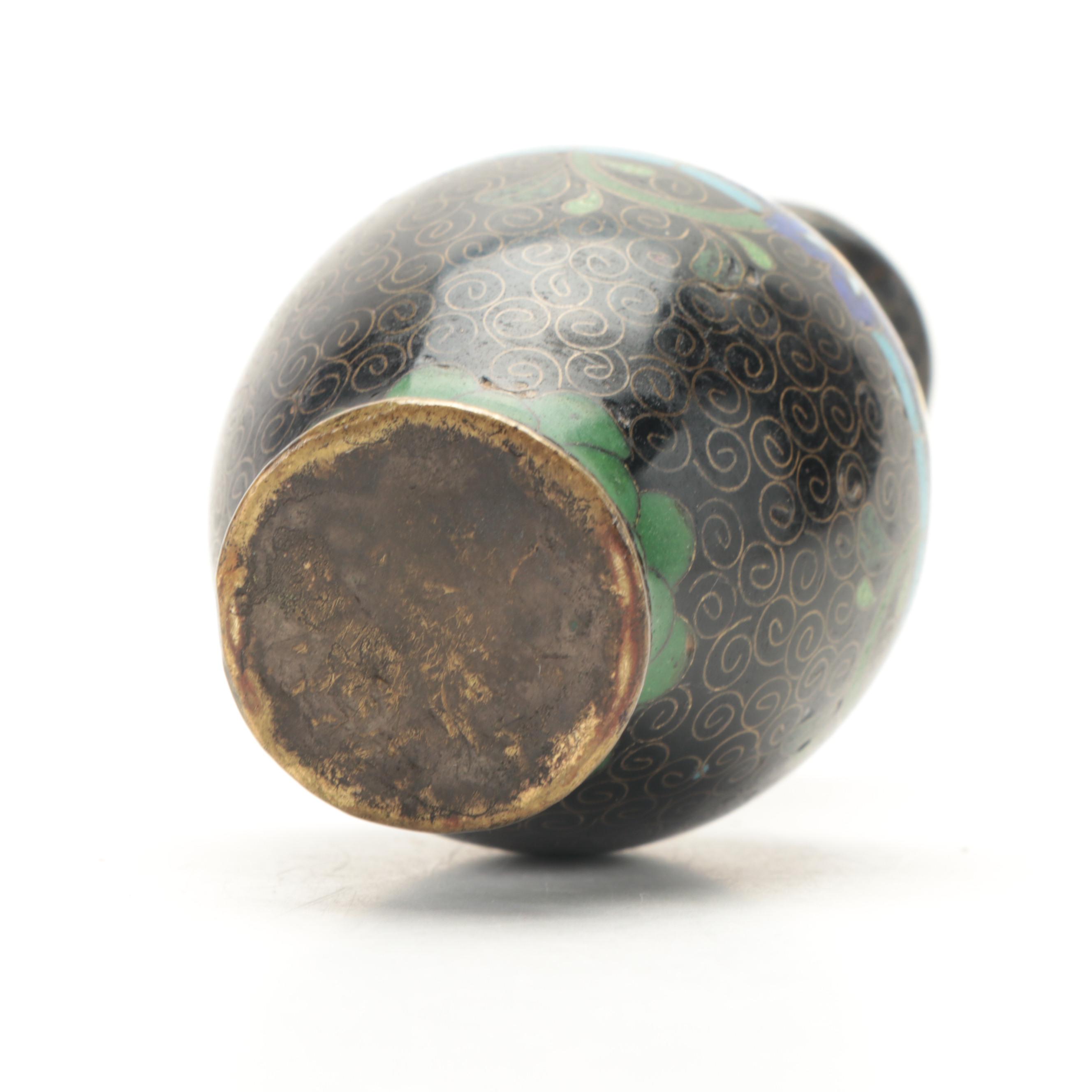 Chinese Serpentine and Rosewood Box with Foil Cloisonné Bud Vase