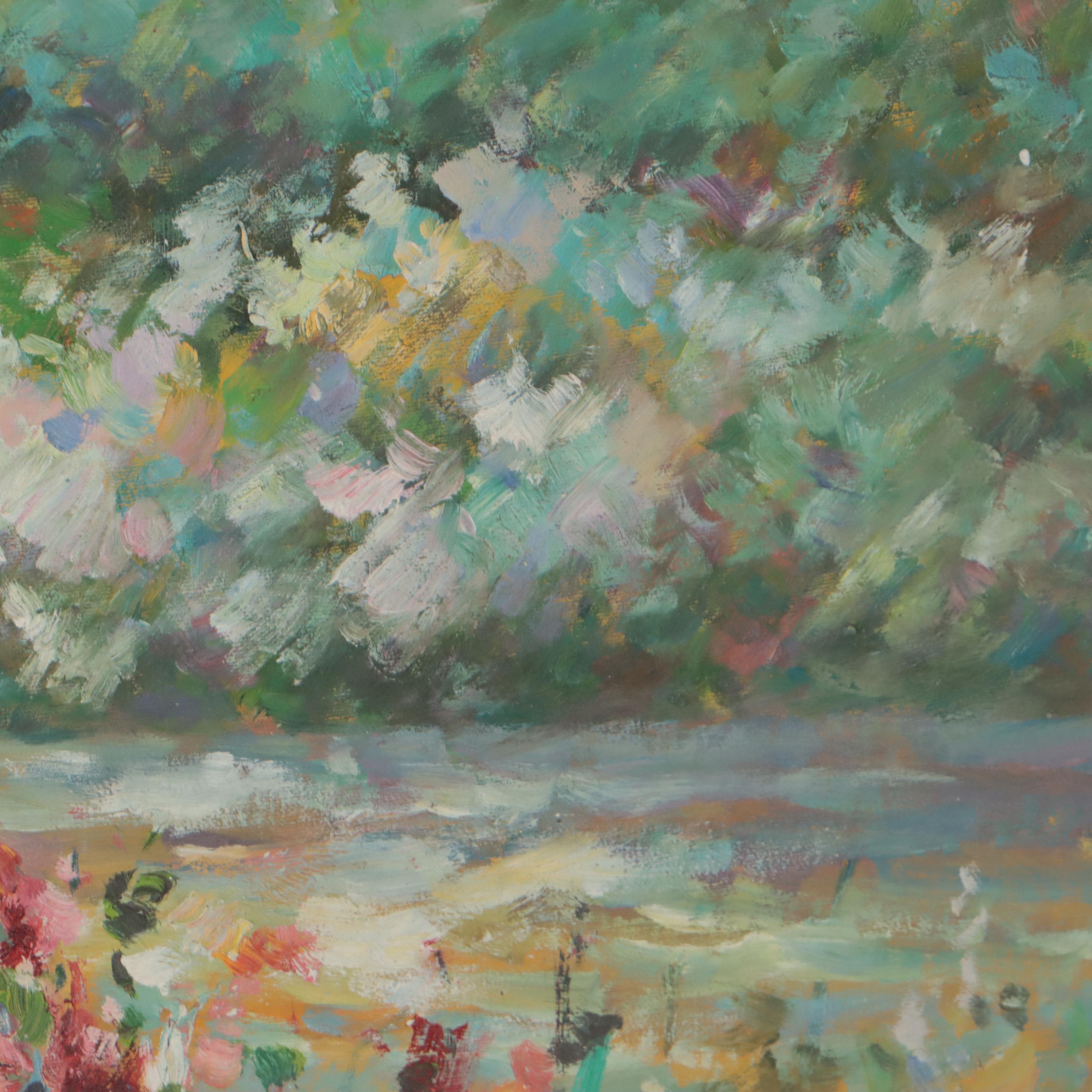 Impressionistic Oil Painting of Woman in Flower Field, Late 20th Century