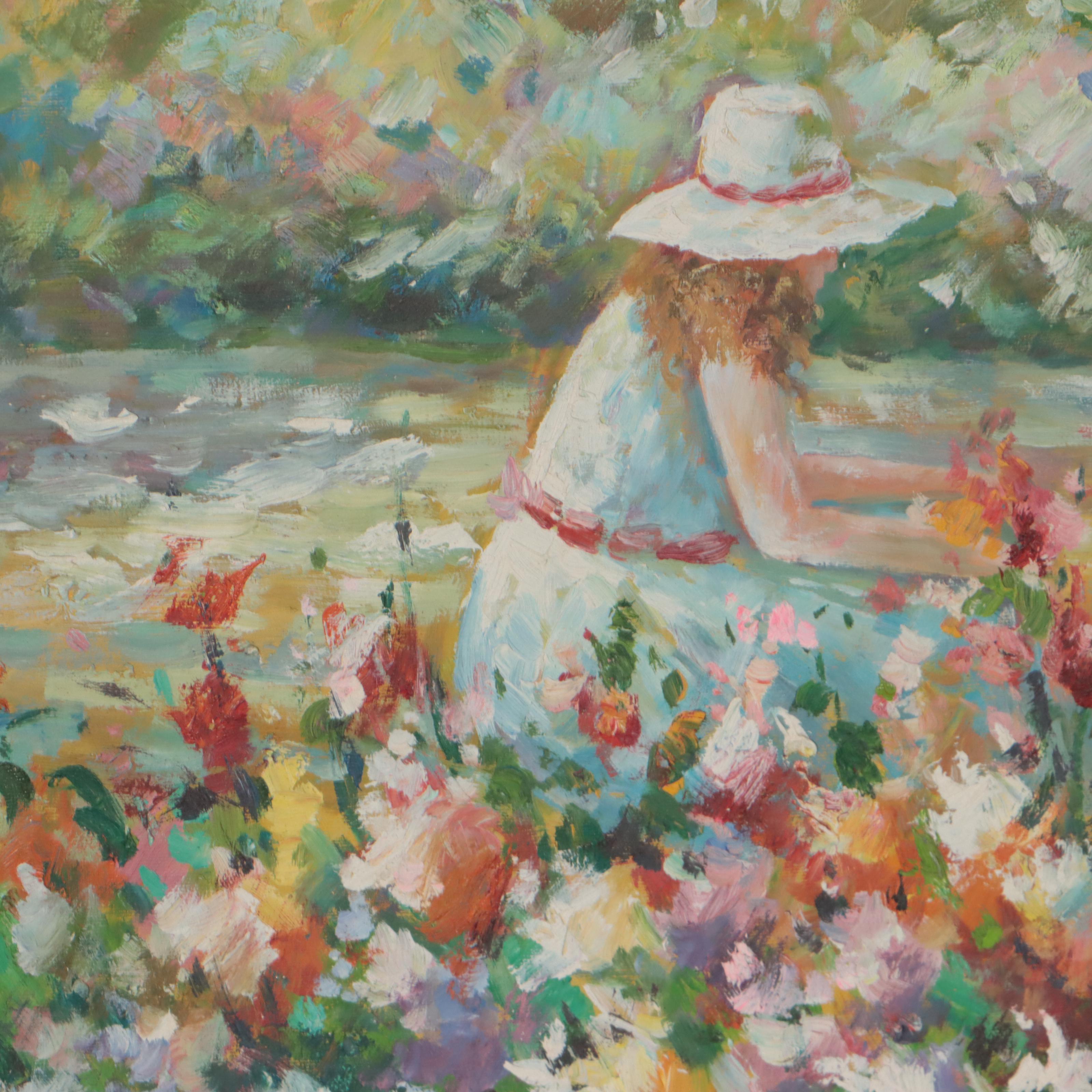 Impressionistic Oil Painting of Woman in Flower Field, Late 20th Century