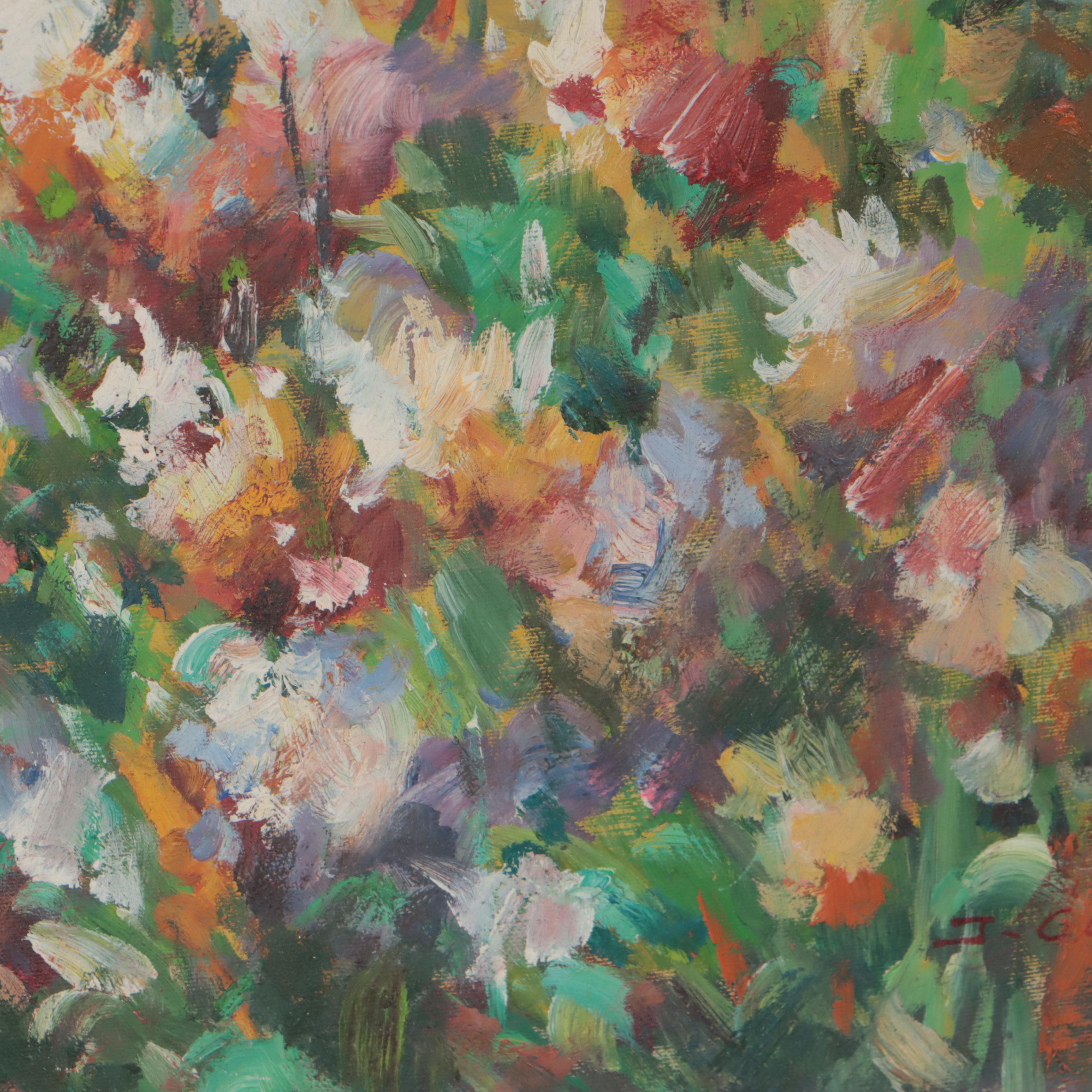 Impressionistic Oil Painting of Woman in Flower Field, Late 20th Century