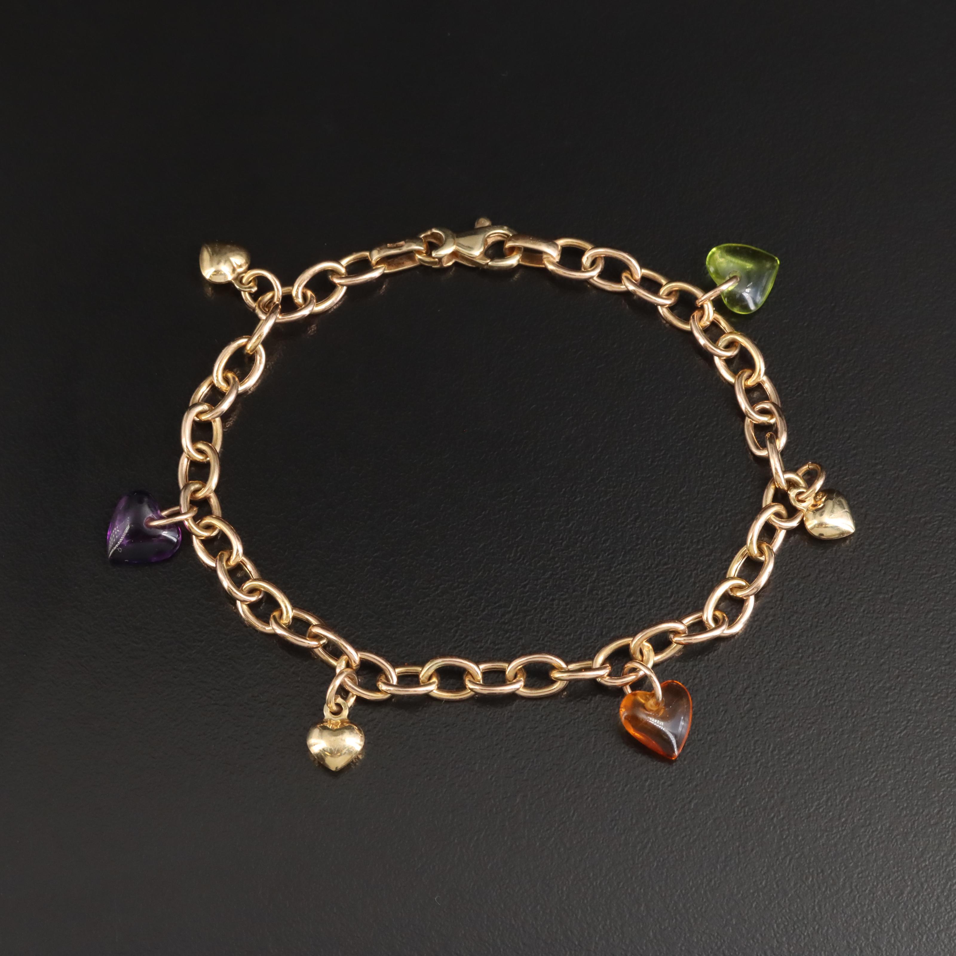 Italian 14K Amethyst, Citrine and Peridot Heart Charm Bracelet