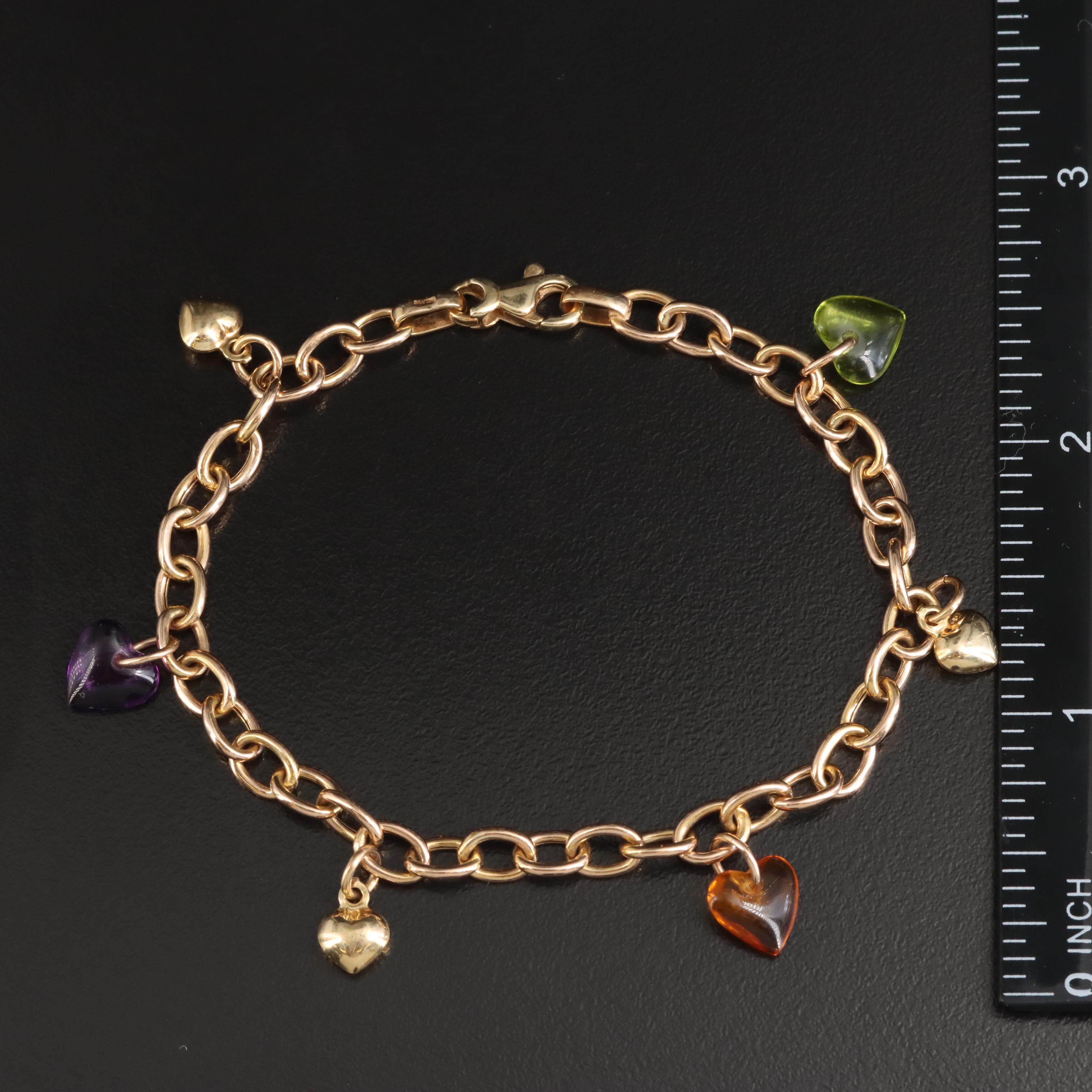 Italian 14K Amethyst, Citrine and Peridot Heart Charm Bracelet