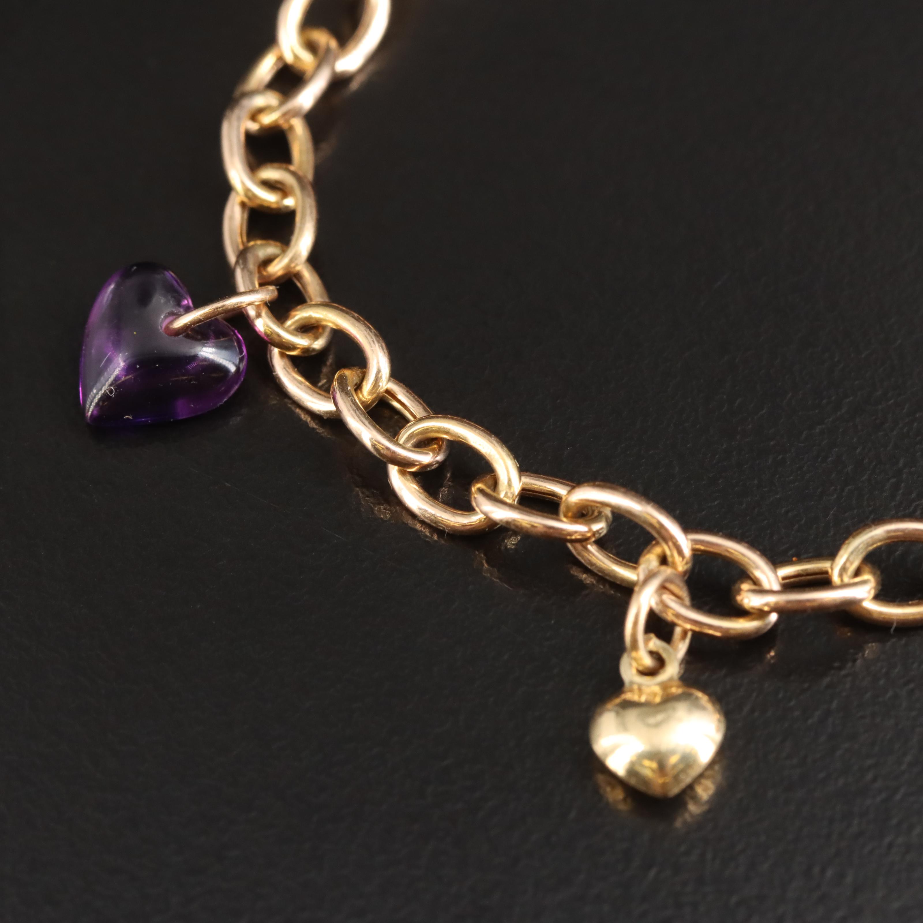 Italian 14K Amethyst, Citrine and Peridot Heart Charm Bracelet