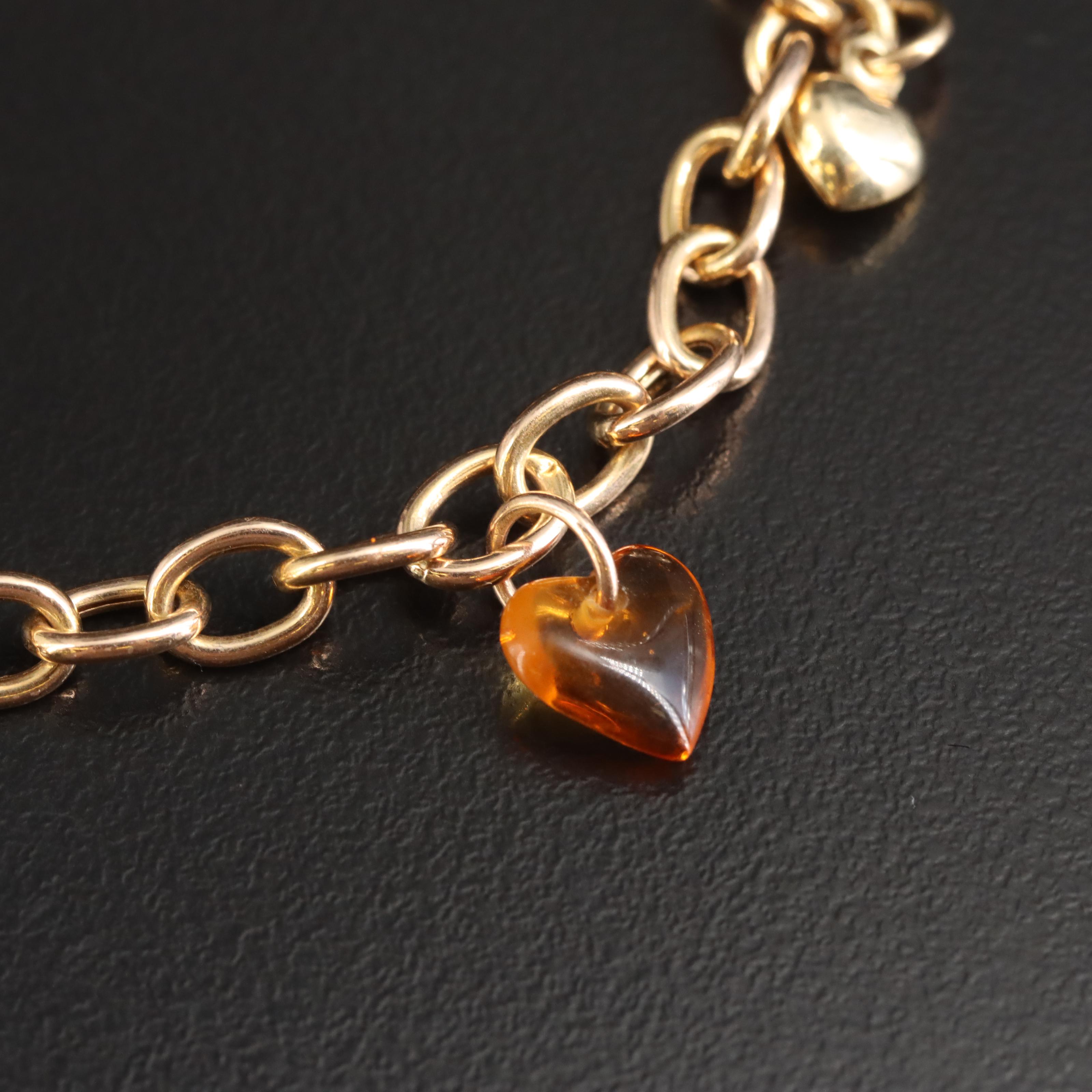 Italian 14K Amethyst, Citrine and Peridot Heart Charm Bracelet