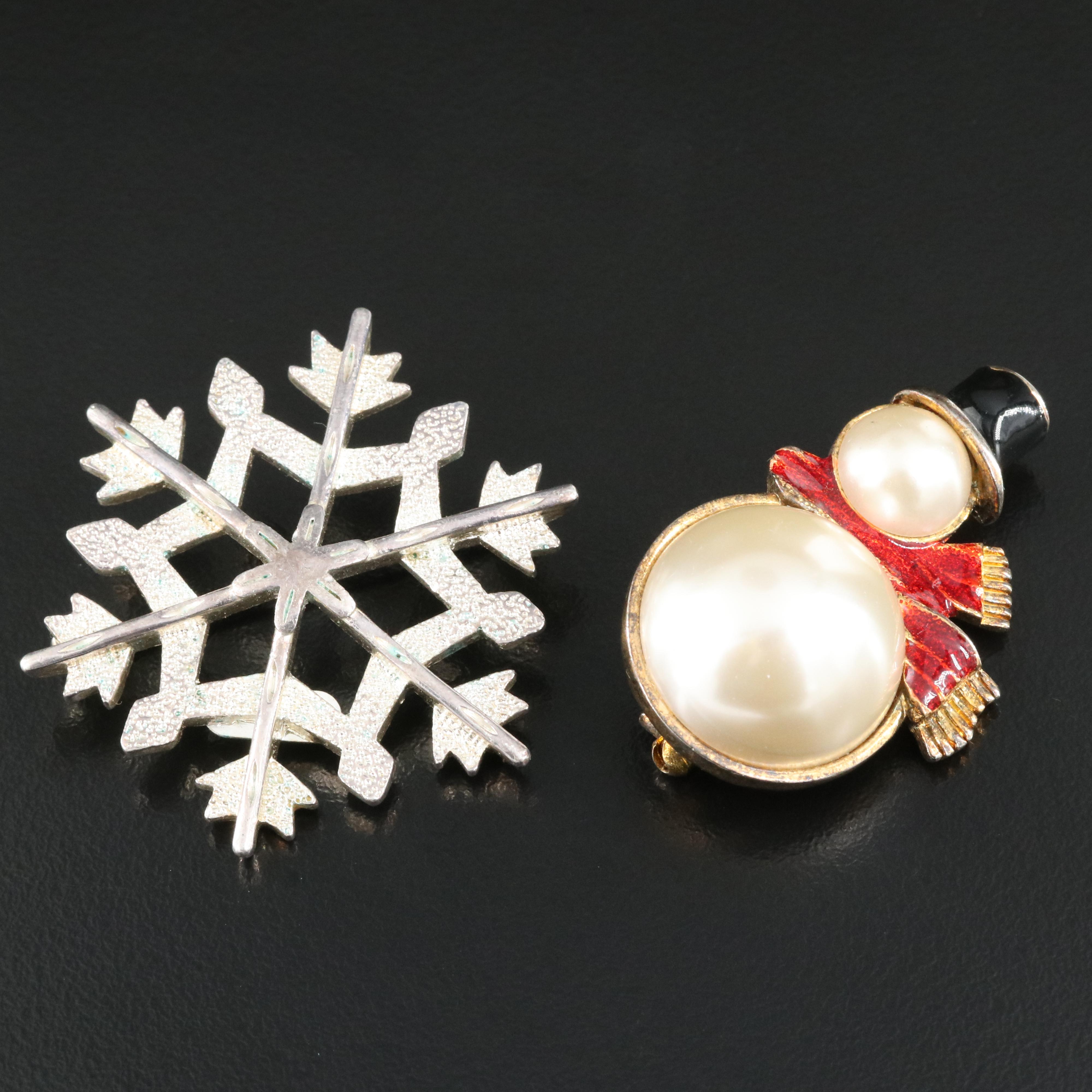 Eisenberg Ice Faux Pearl and Enamel Snowman and Snowflake Brooches