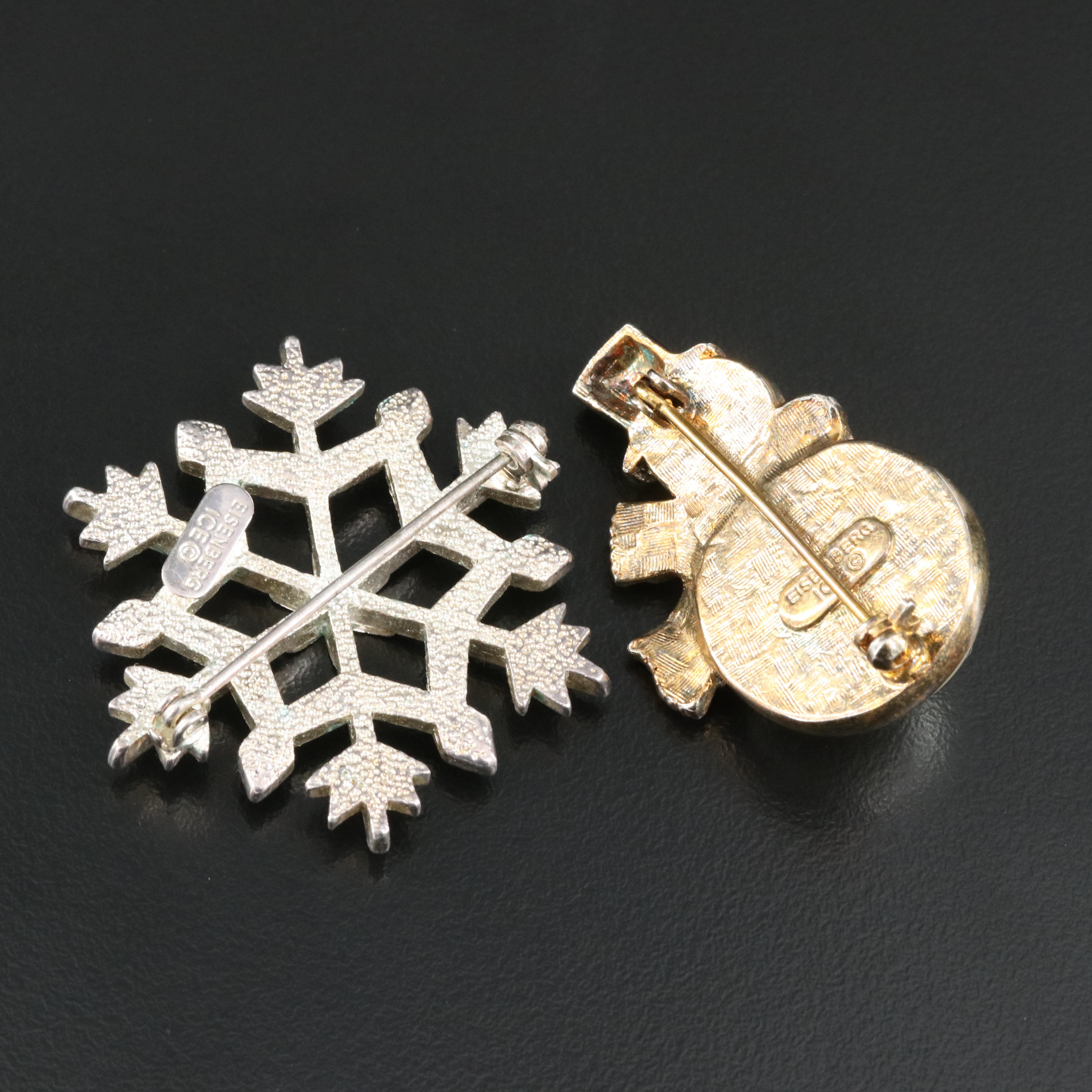 Eisenberg Ice Faux Pearl and Enamel Snowman and Snowflake Brooches