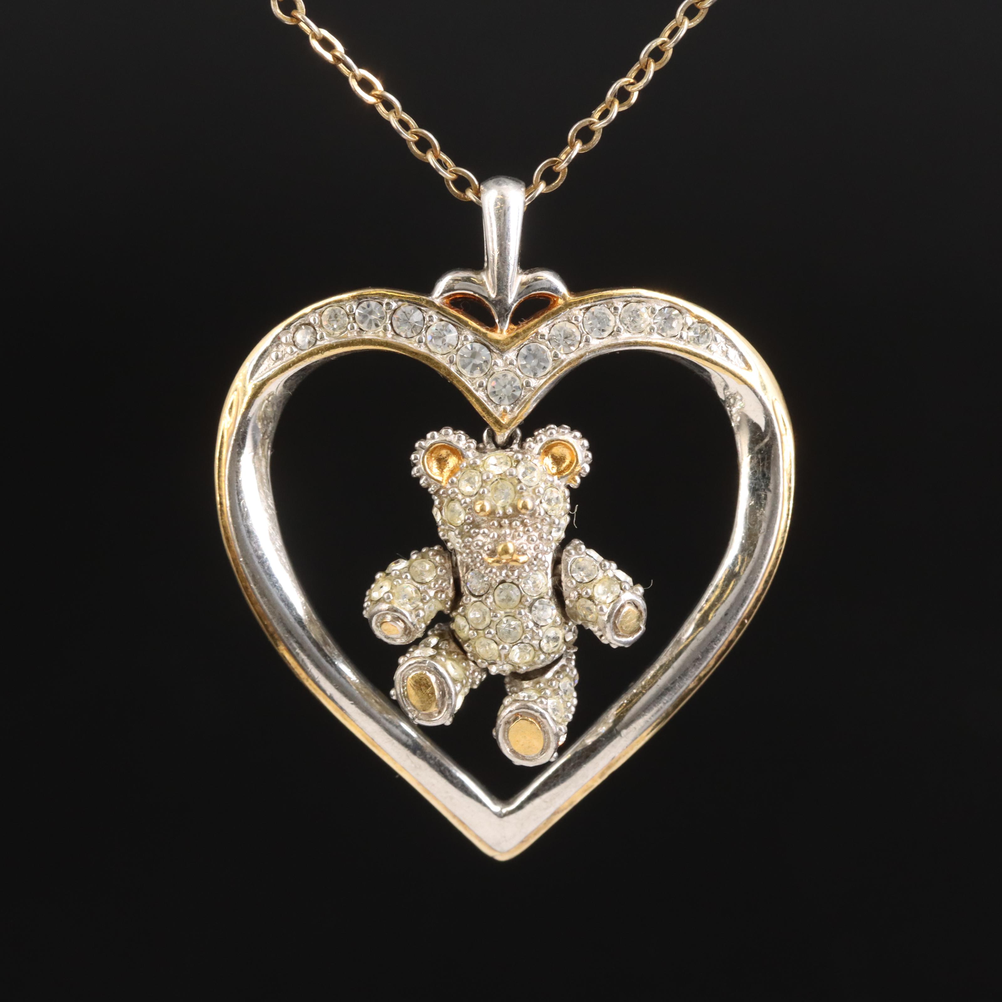Sterling Rhinestone Articulated Teddy Bear and Heart Pendant Necklace