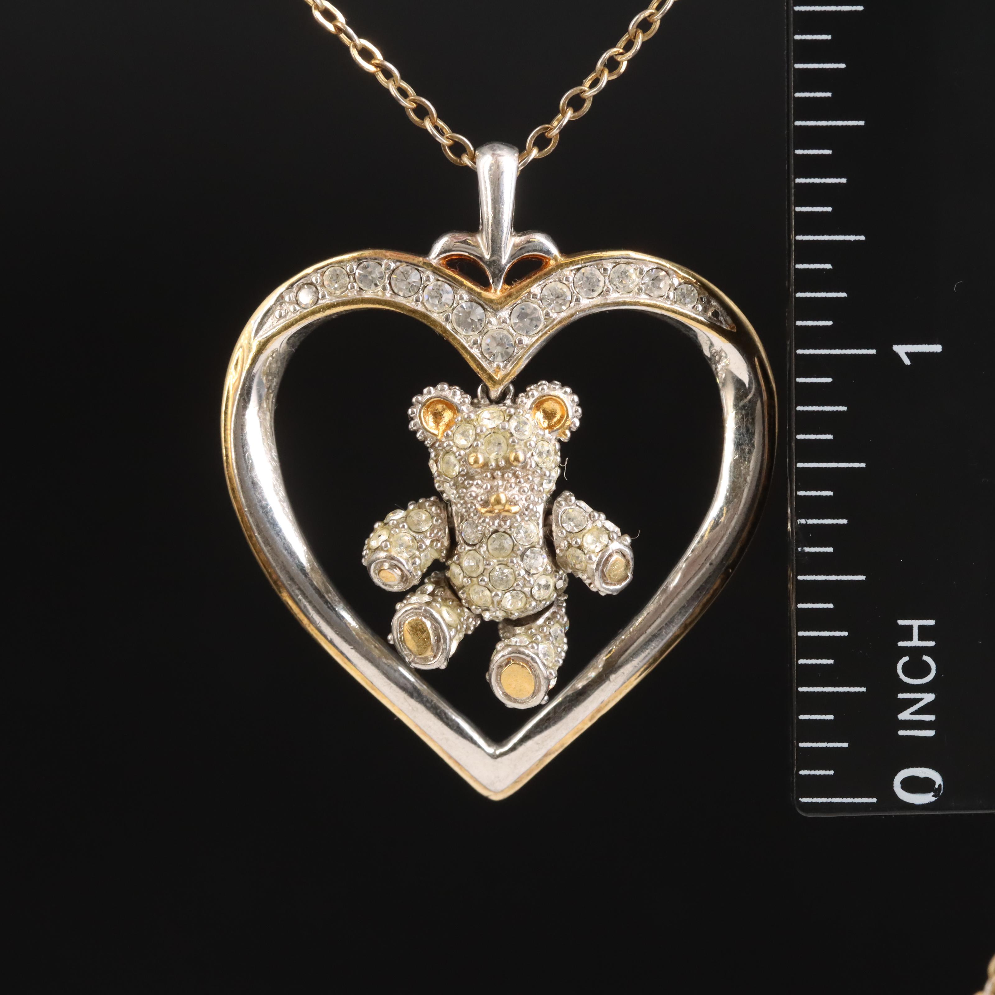 Sterling Rhinestone Articulated Teddy Bear and Heart Pendant Necklace