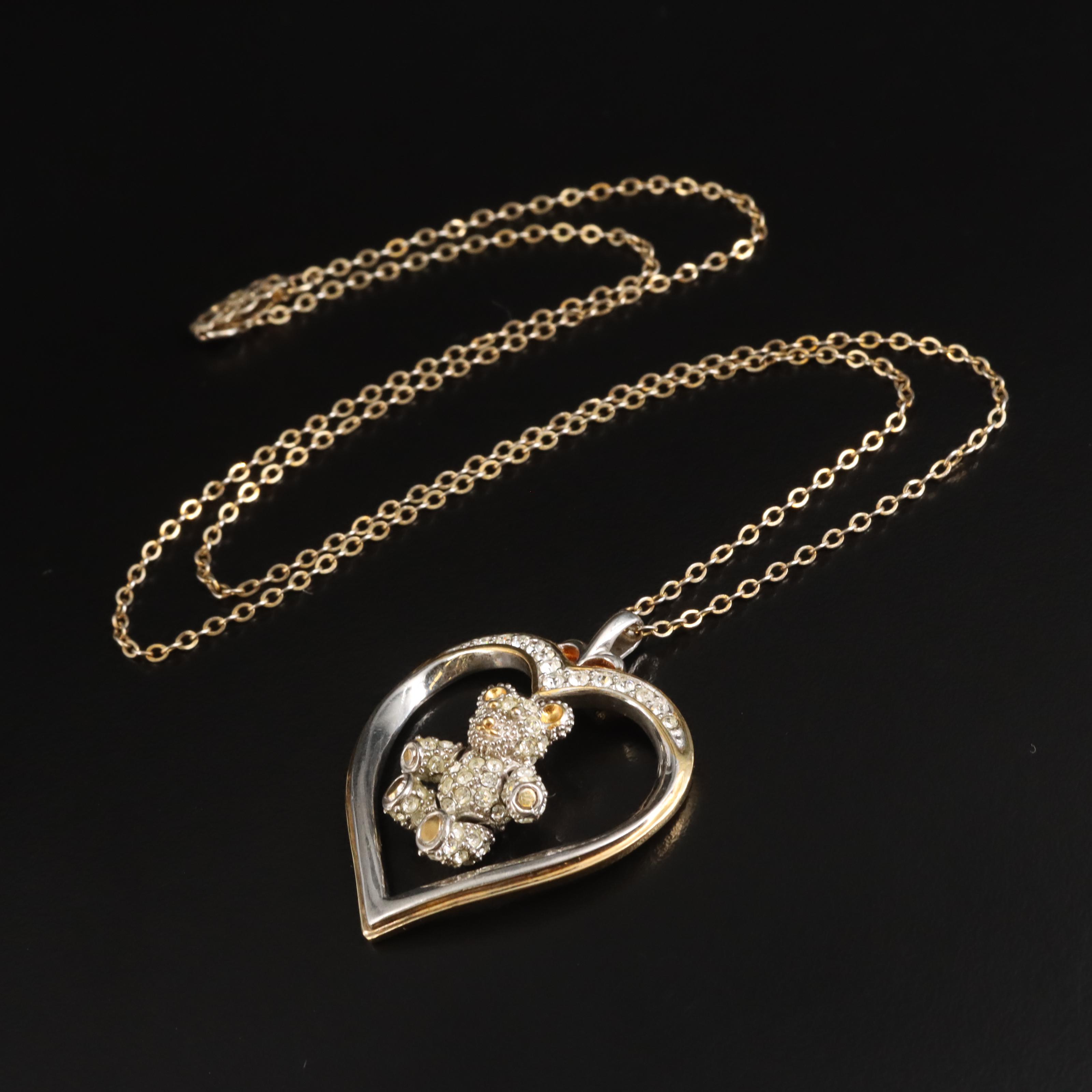 Sterling Rhinestone Articulated Teddy Bear and Heart Pendant Necklace
