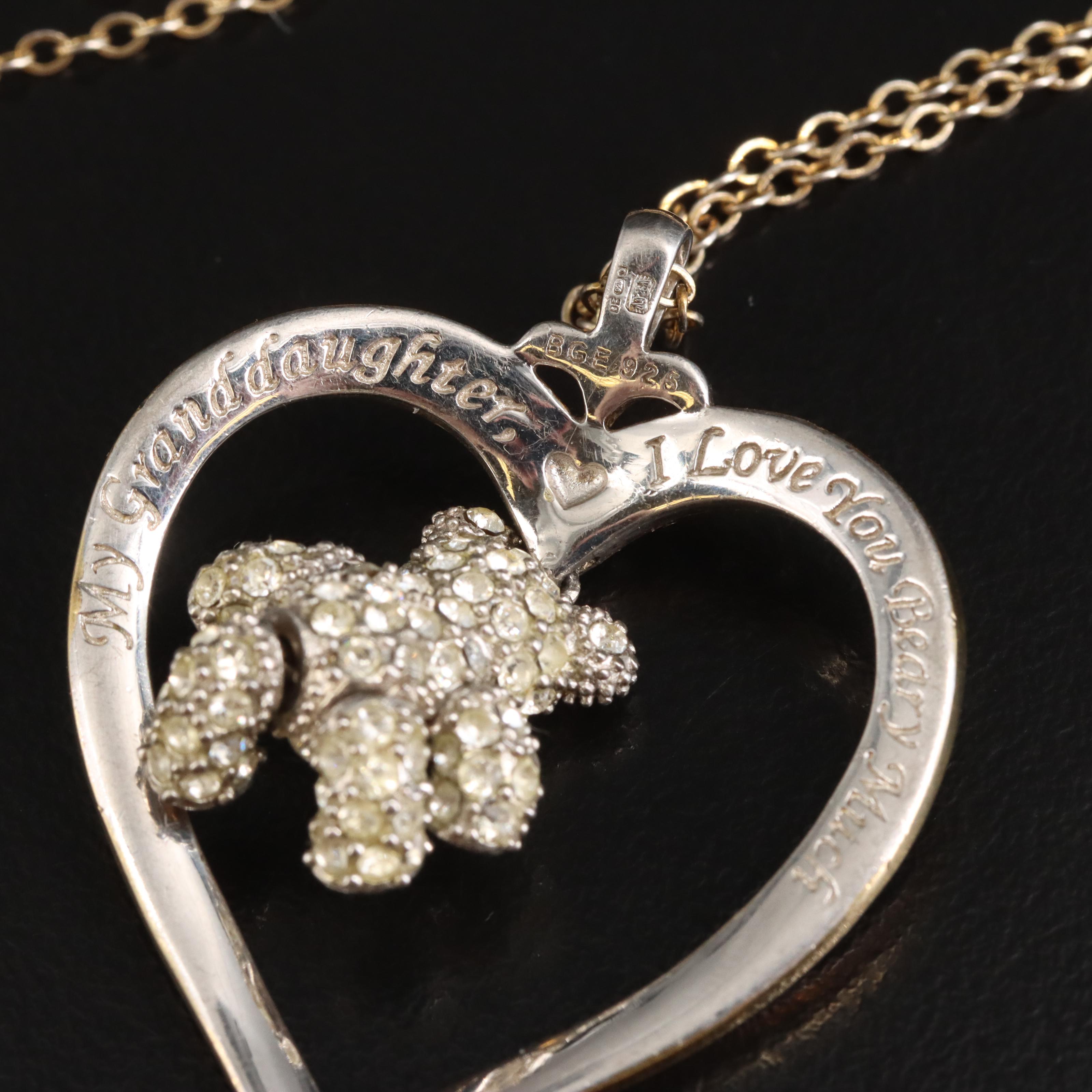 Sterling Rhinestone Articulated Teddy Bear and Heart Pendant Necklace