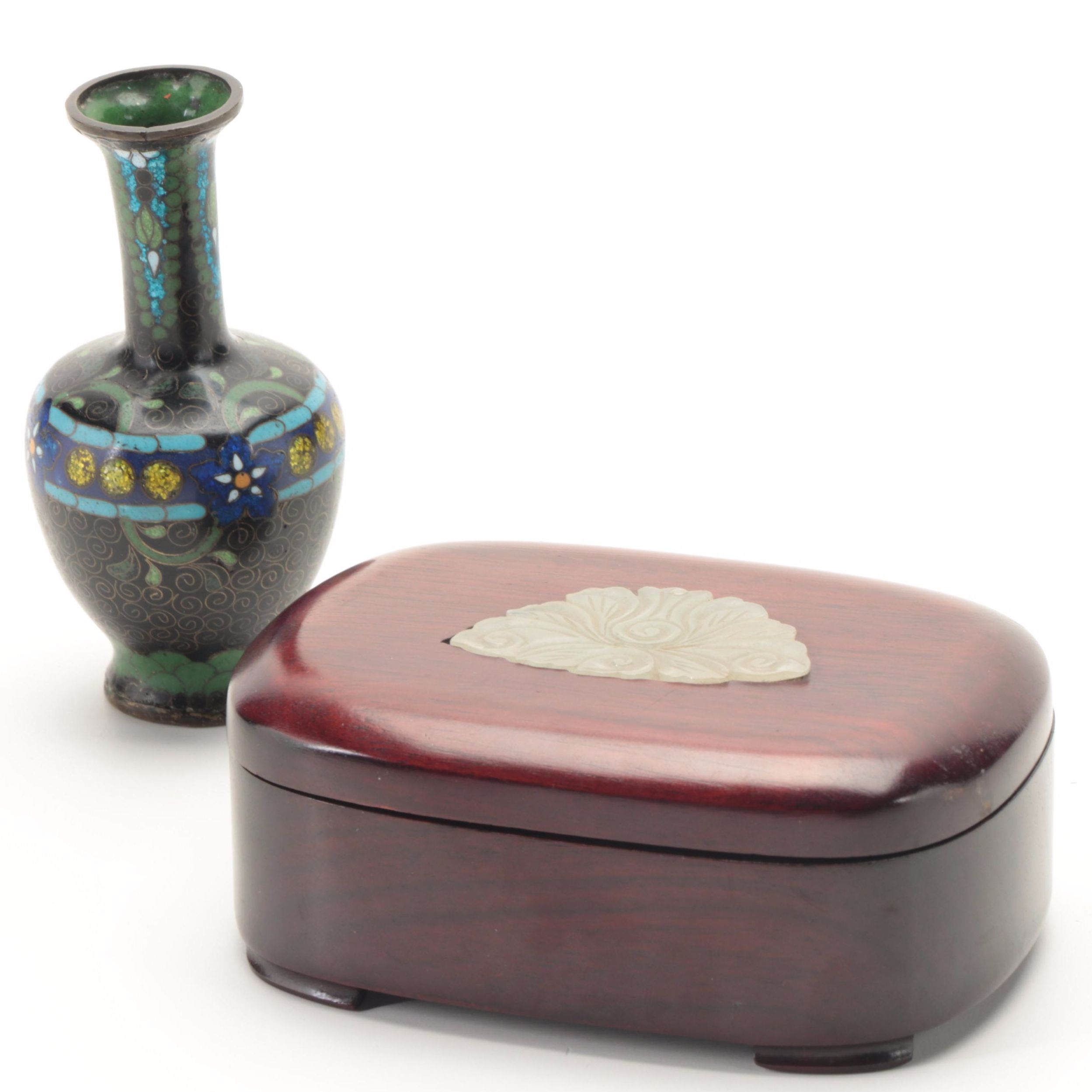 Chinese Serpentine and Rosewood Box with Foil Cloisonné Bud Vase