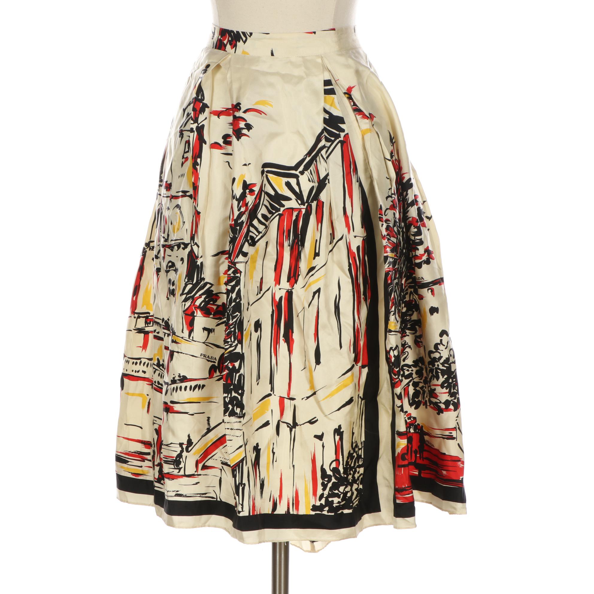 Prada Button Front Box Pleat Skirt in Silk Twill Scenery Print