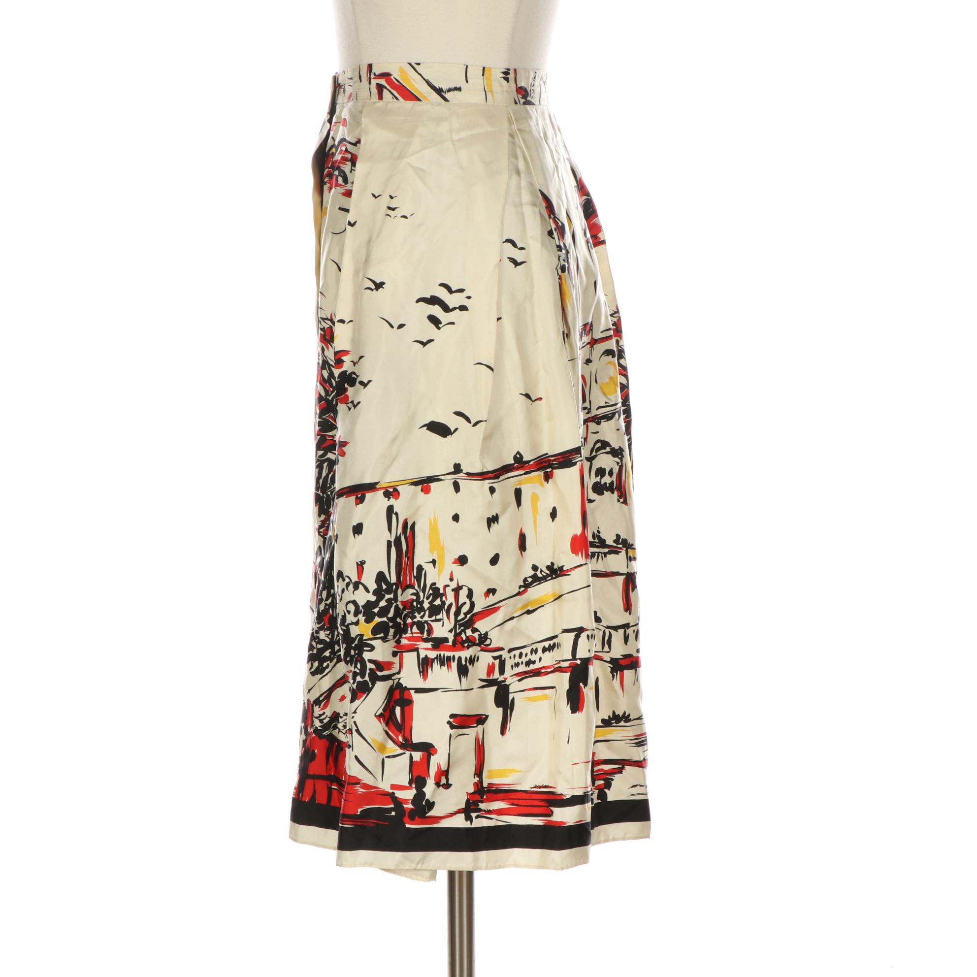 Prada Button Front Box Pleat Skirt in Silk Twill Scenery Print