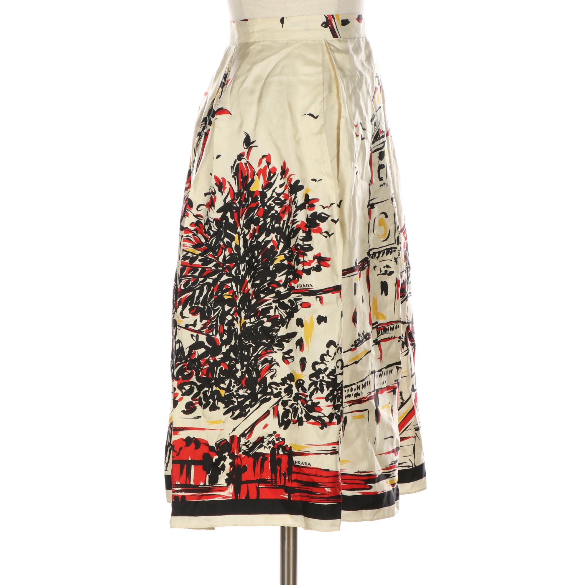Prada Button Front Box Pleat Skirt in Silk Twill Scenery Print