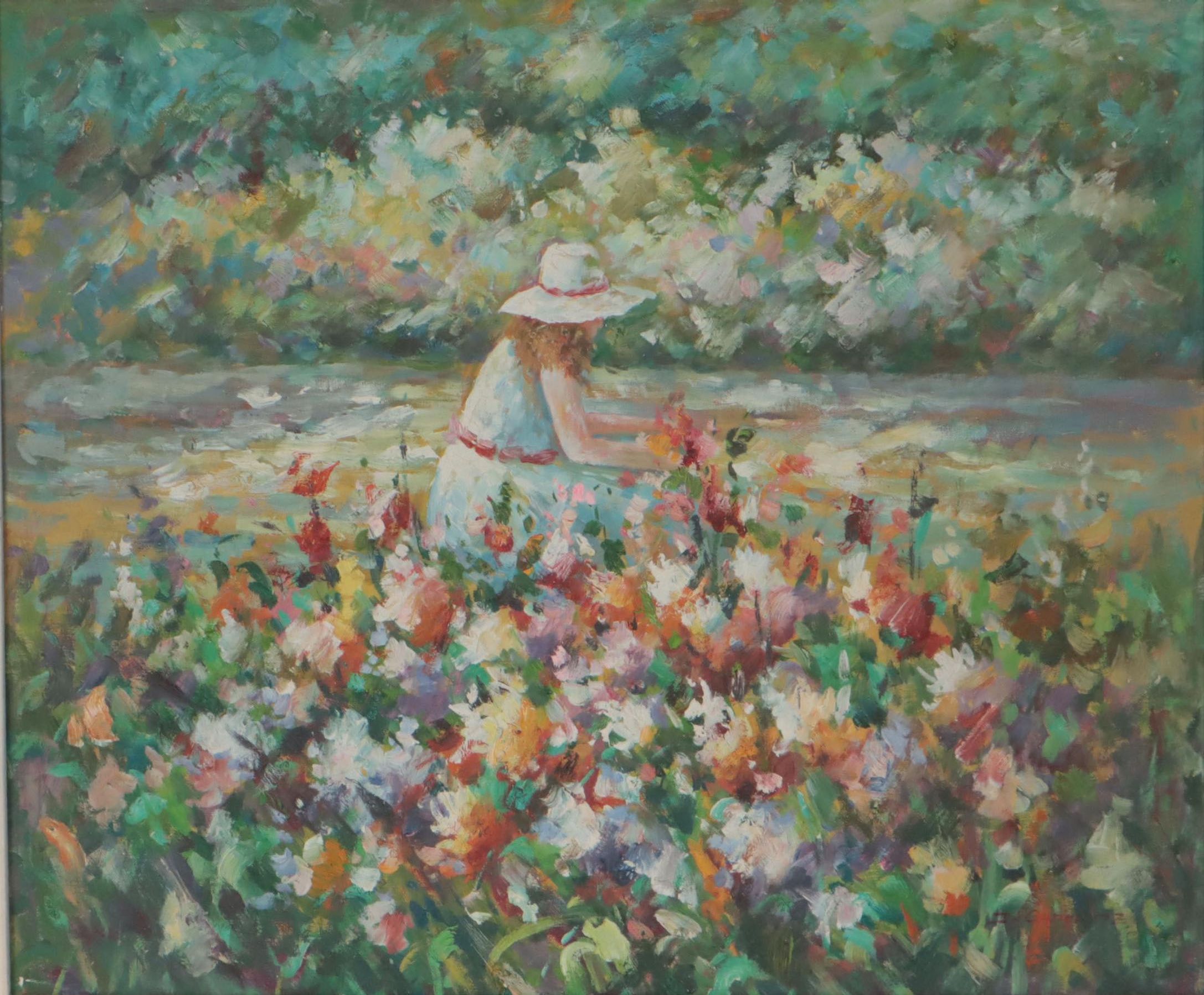 Impressionistic Oil Painting of Woman in Flower Field, Late 20th Century