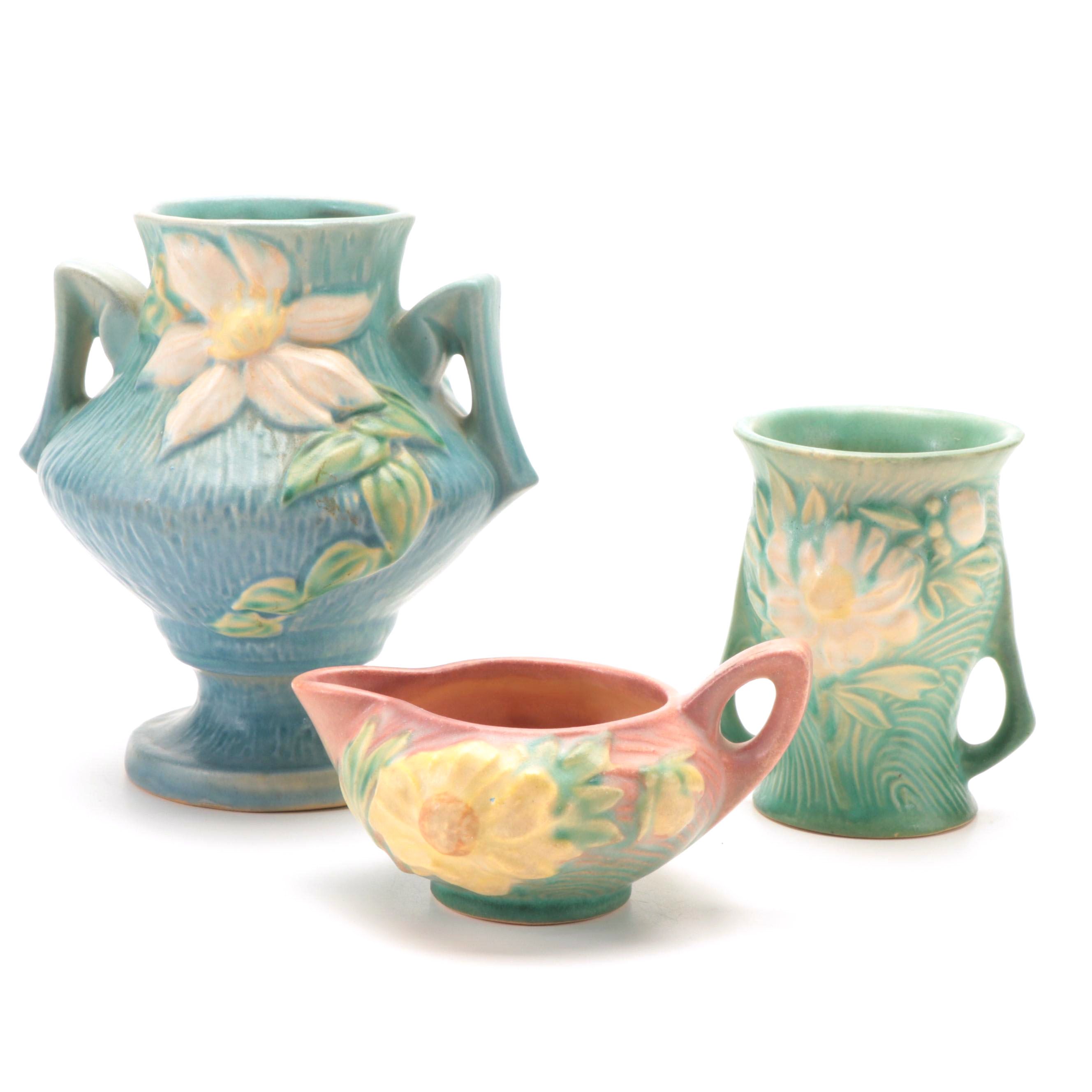 Roseville "Clematis" Vase and "Peony" Vase and Creamer, Mid to Late 20th Century