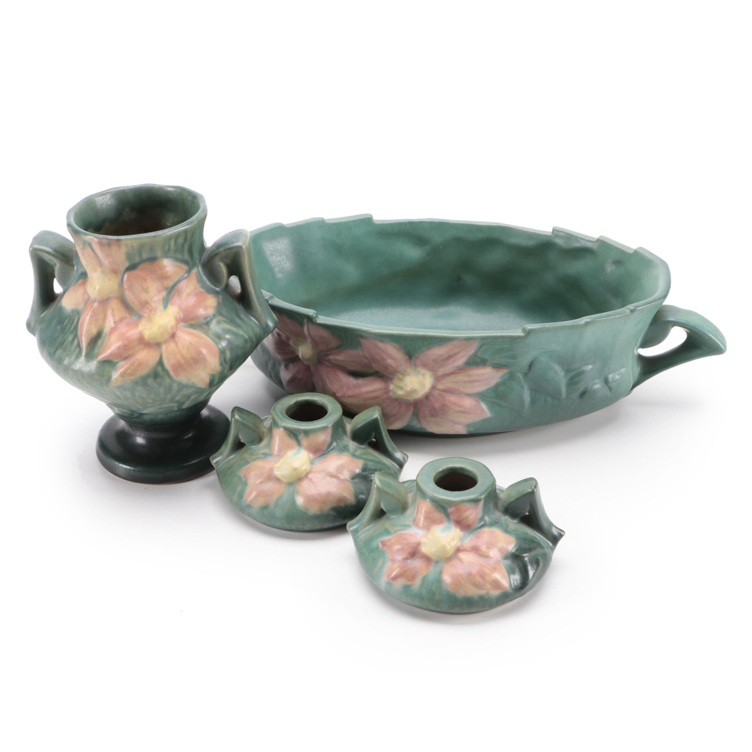 Roseville Pottery Clematis Vase, Candlesticks and Console Bowl