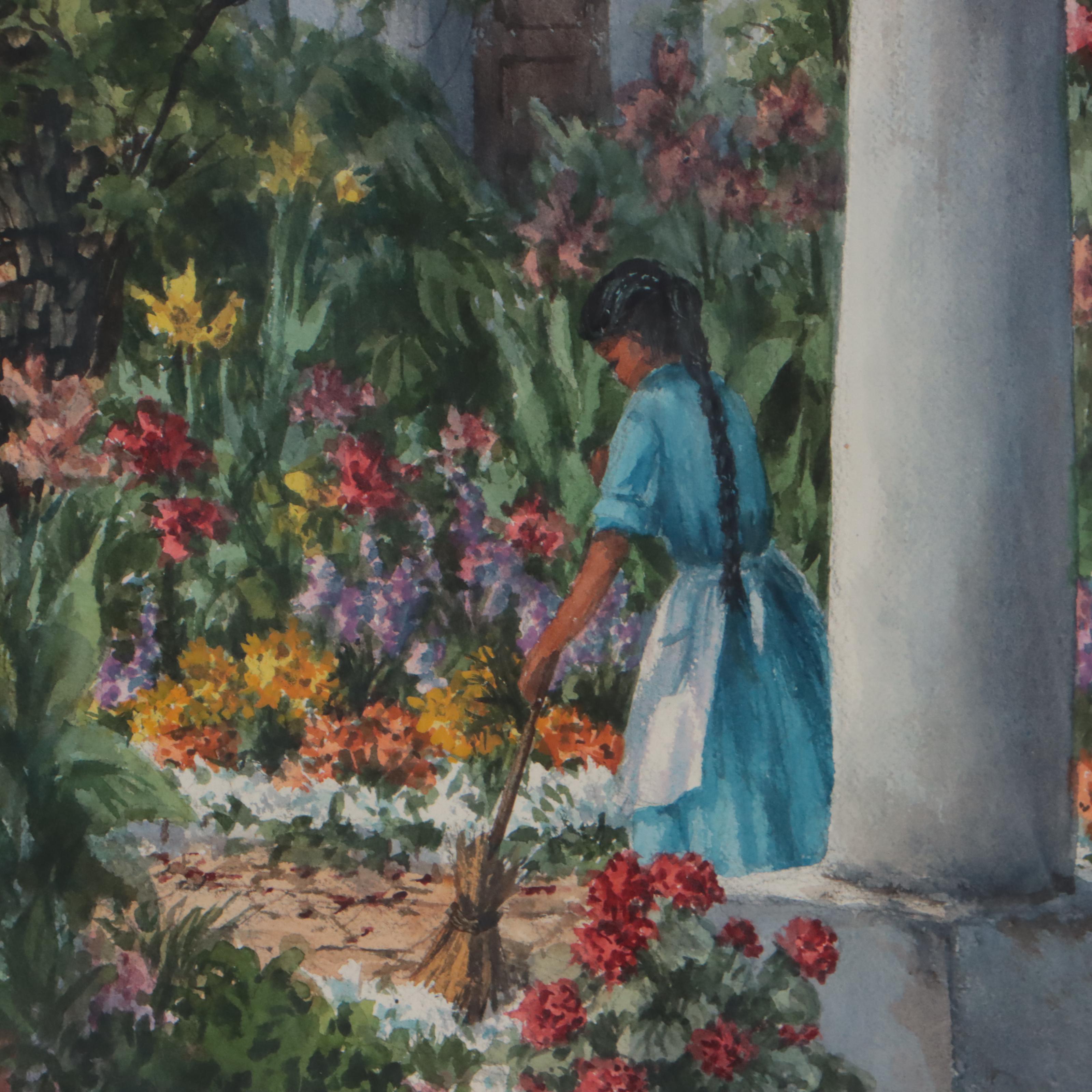 Erin O'Dell Watercolor Painting "Hacienda Garden" Late 20th Century