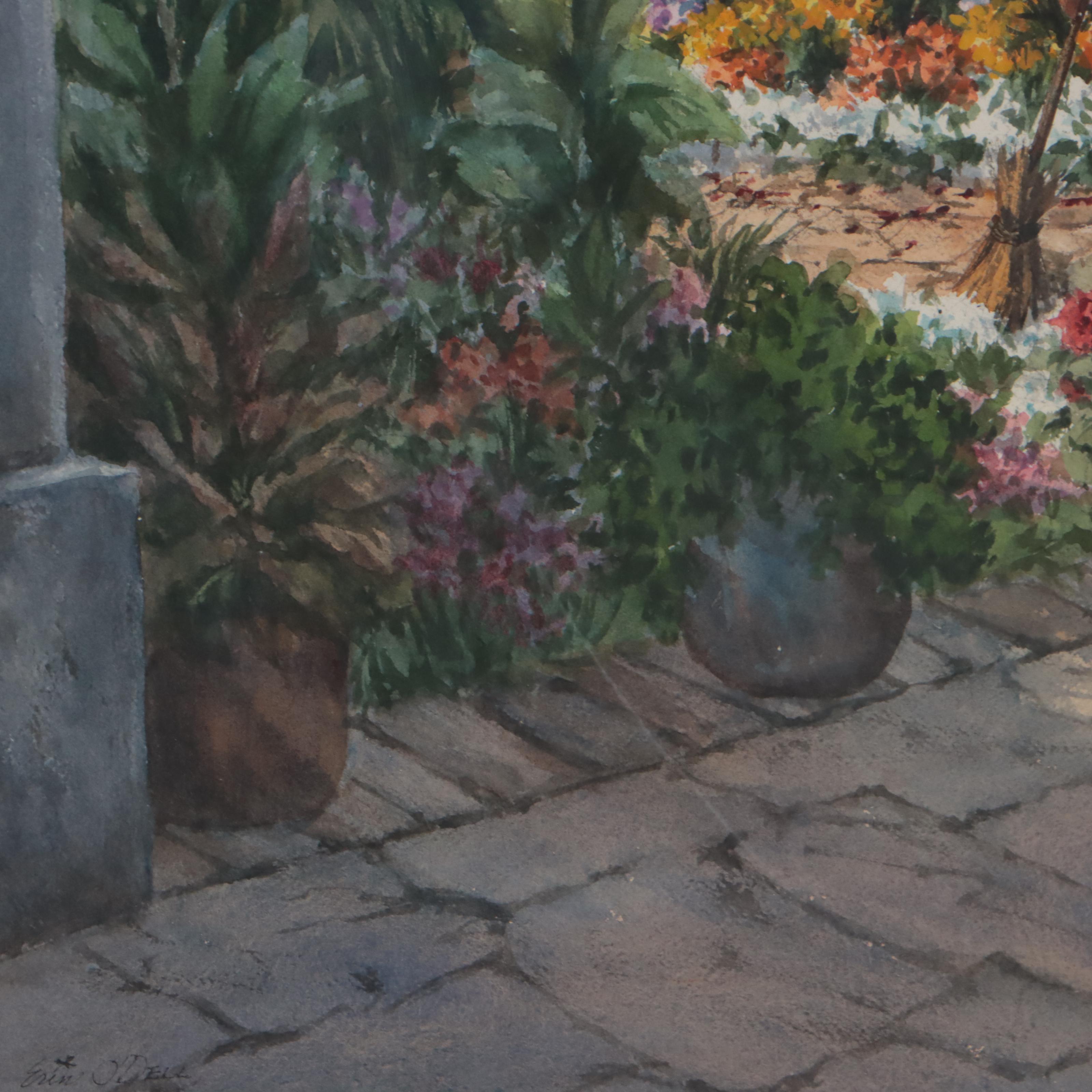 Erin O'Dell Watercolor Painting "Hacienda Garden" Late 20th Century
