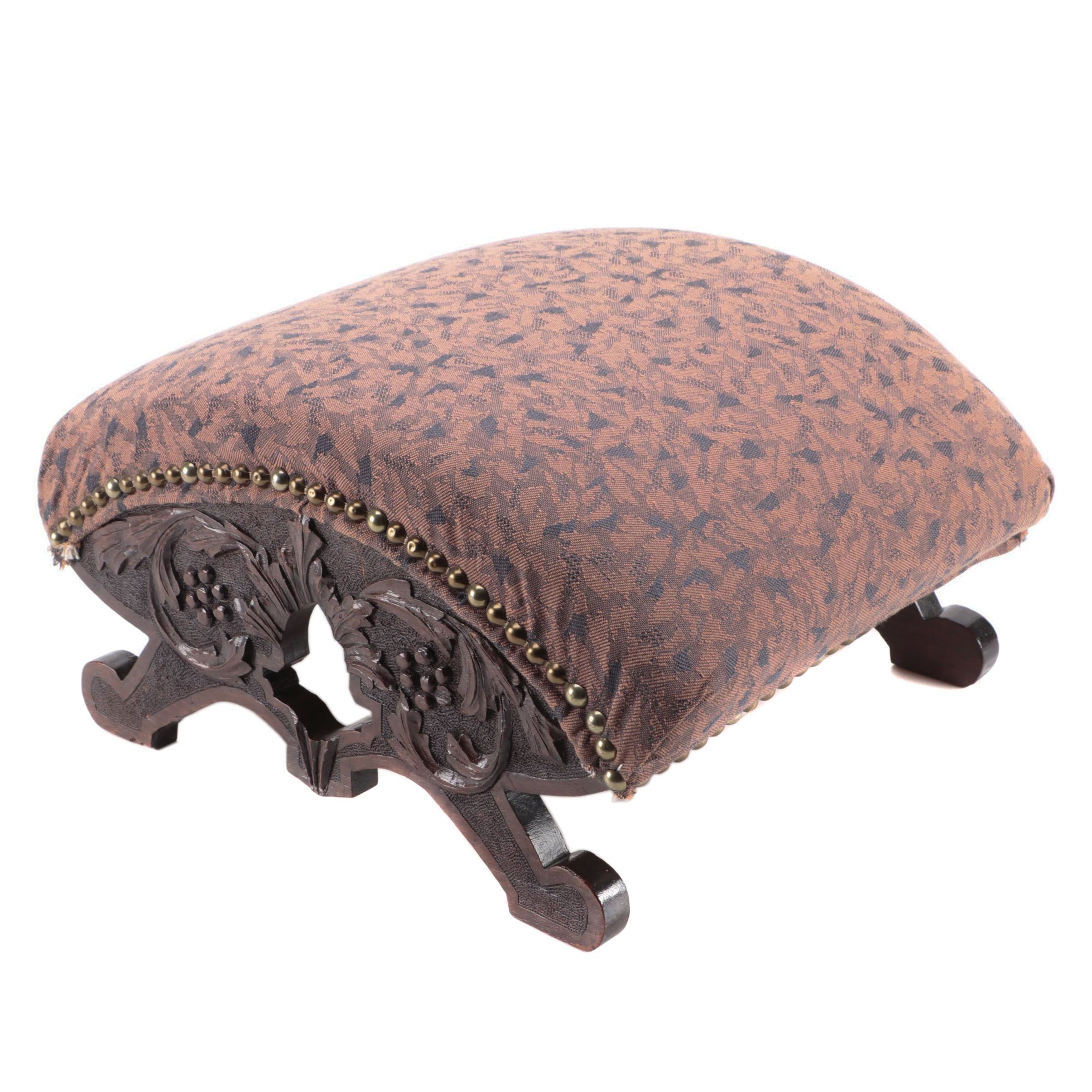 Late Victorian Carved Oak and Brass-Tacked Upholstered Footstool