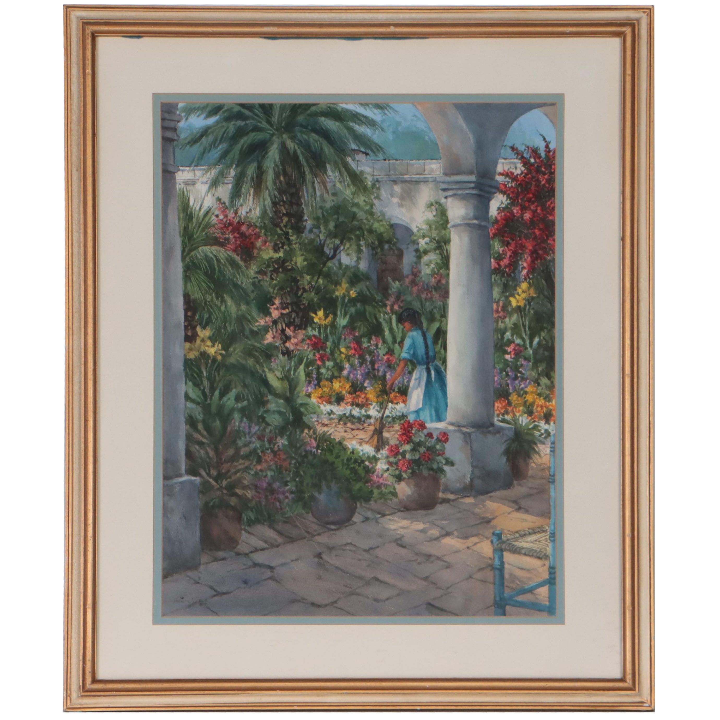 Erin O'Dell Watercolor Painting "Hacienda Garden" Late 20th Century