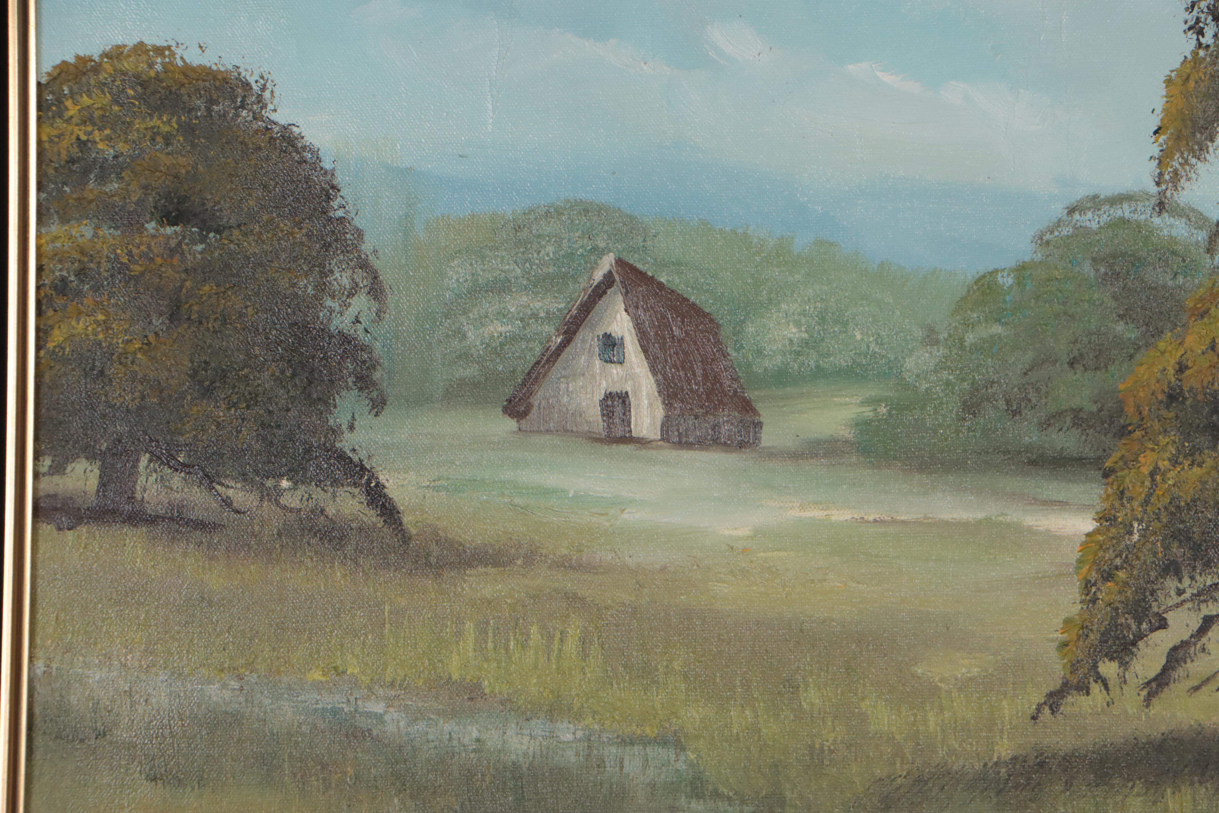 Countryside Landscape Oil Painting, Late 20th Century