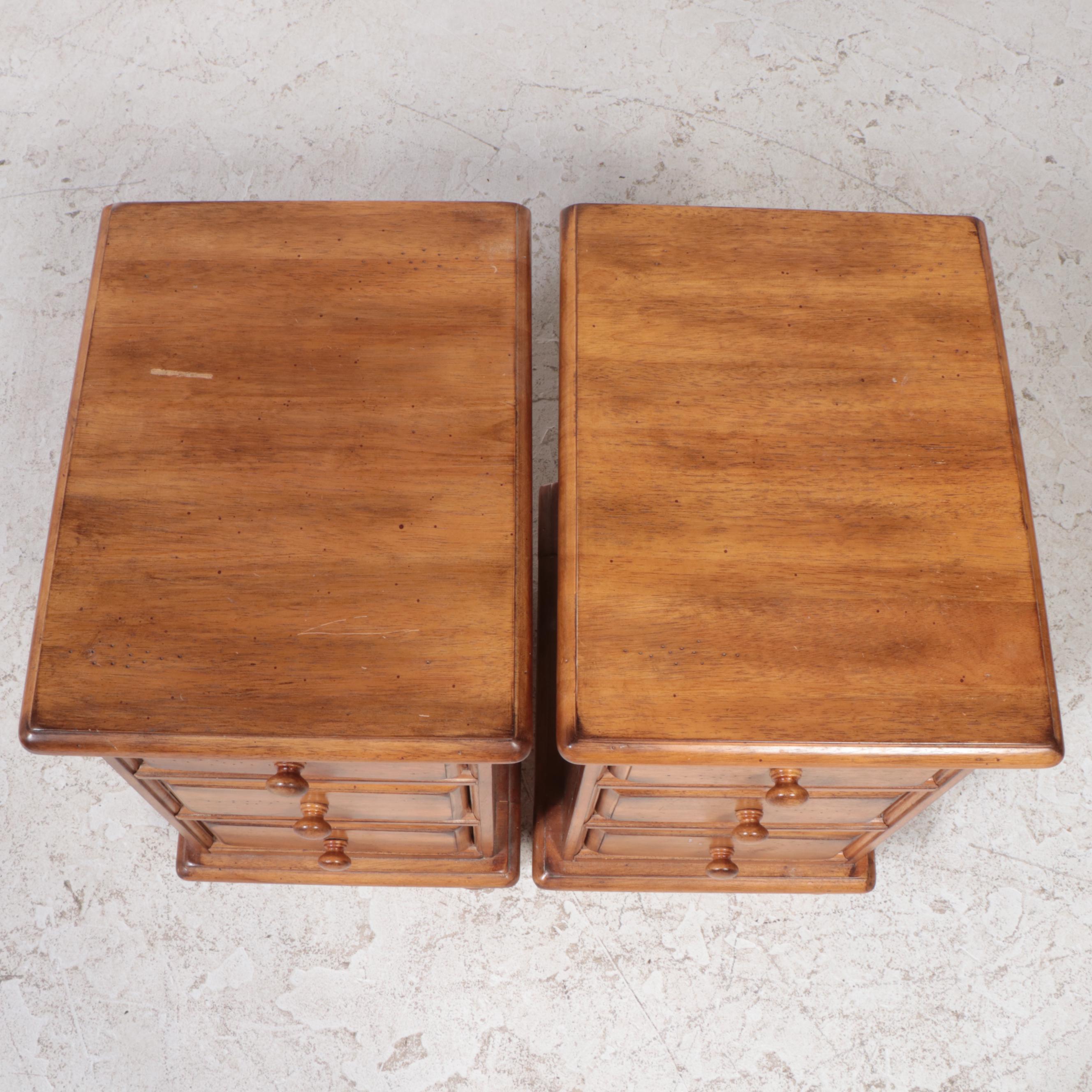 Pair of Rustic Hardwood Three-Drawer Side Tables