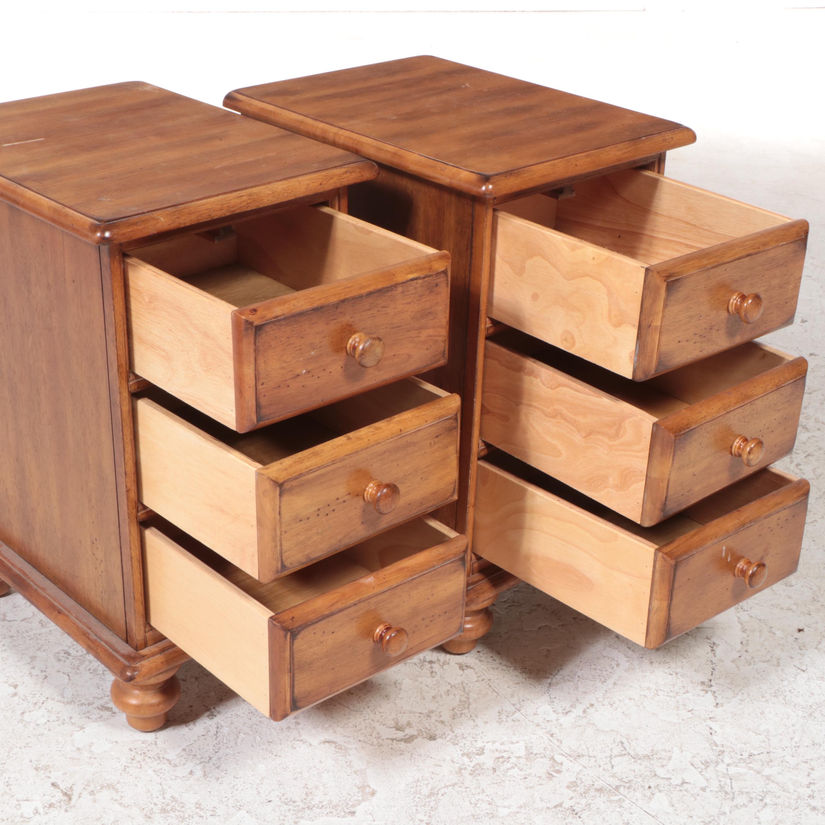 Pair of Rustic Hardwood Three-Drawer Side Tables