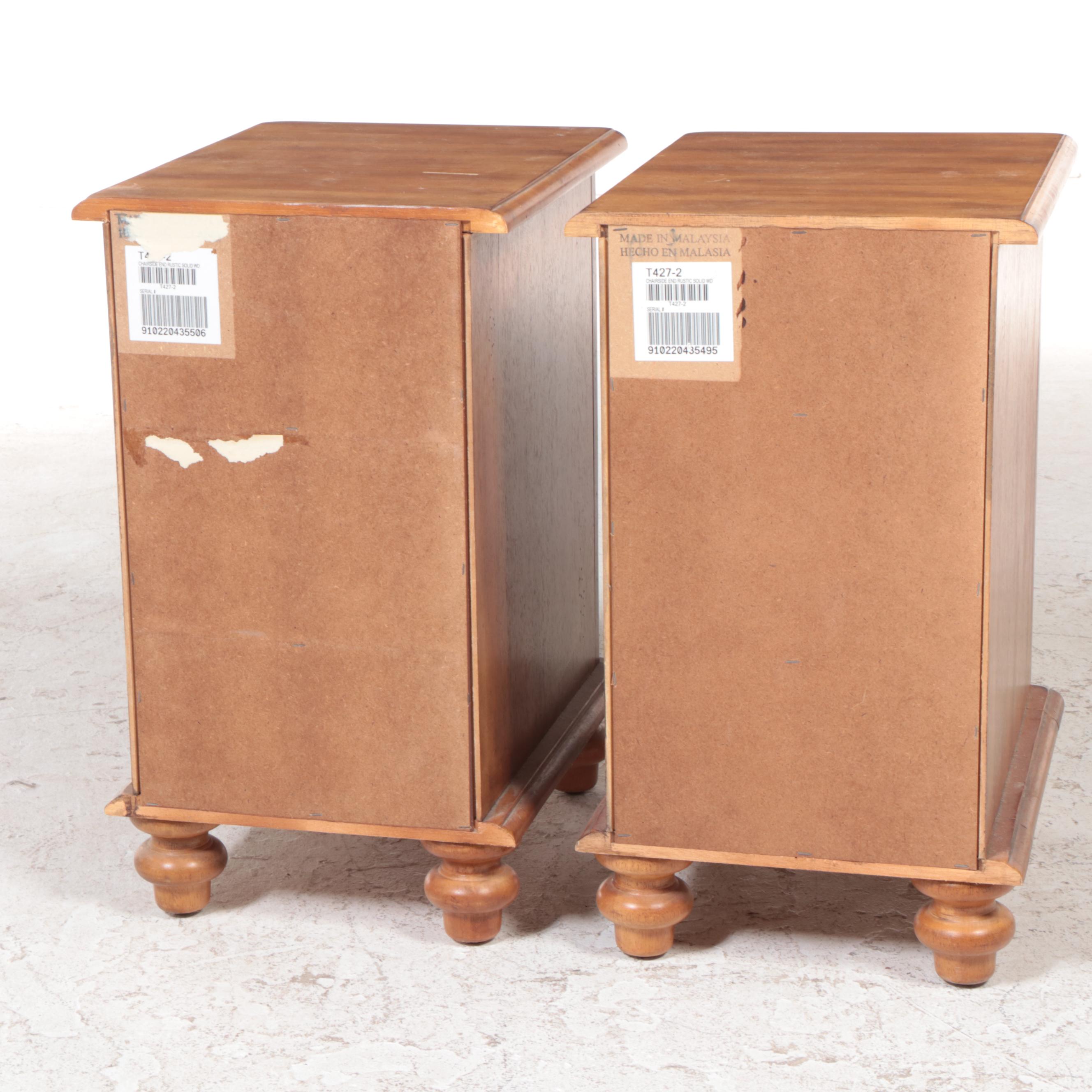Pair of Rustic Hardwood Three-Drawer Side Tables