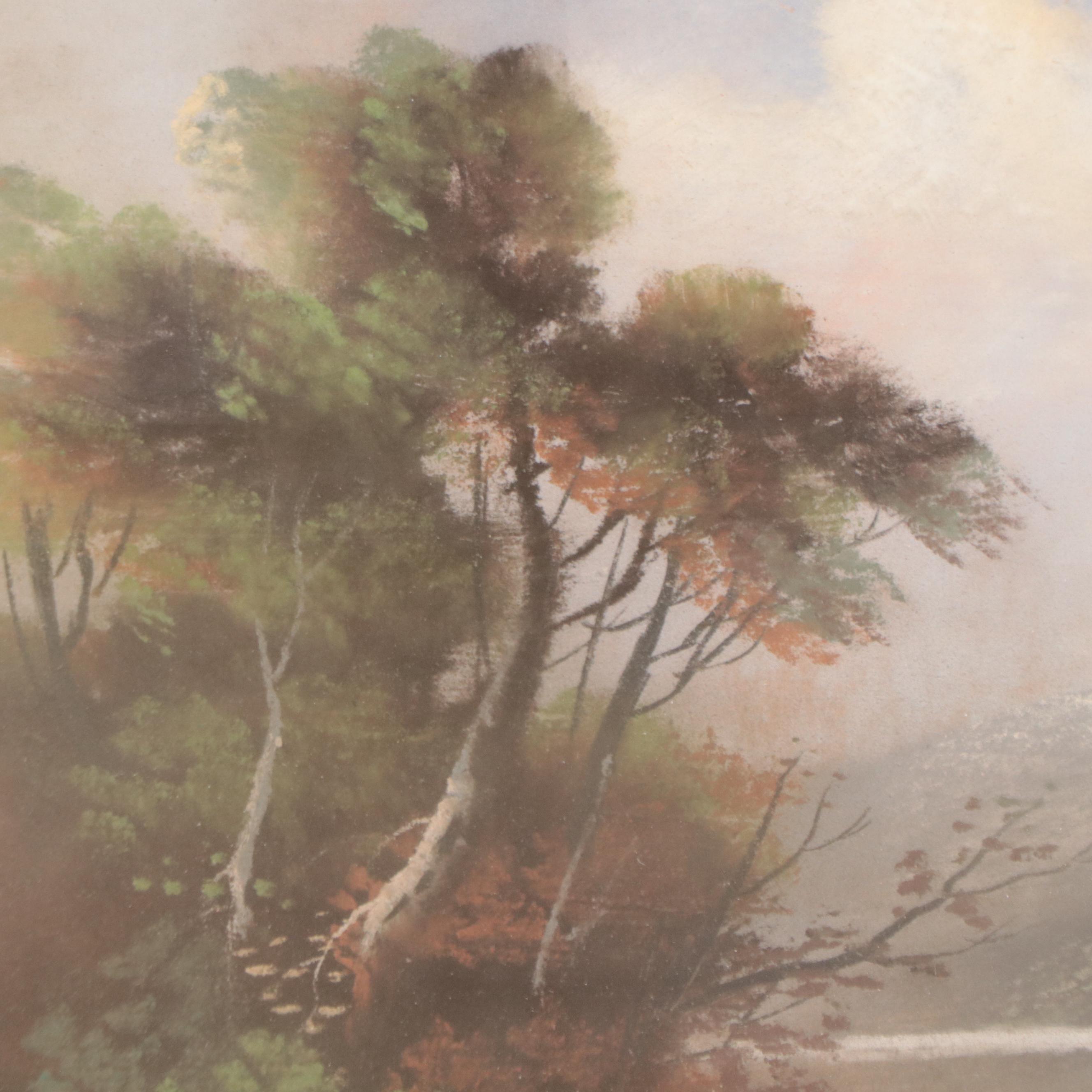River Landscape Pastel Drawing, Early 20th Century