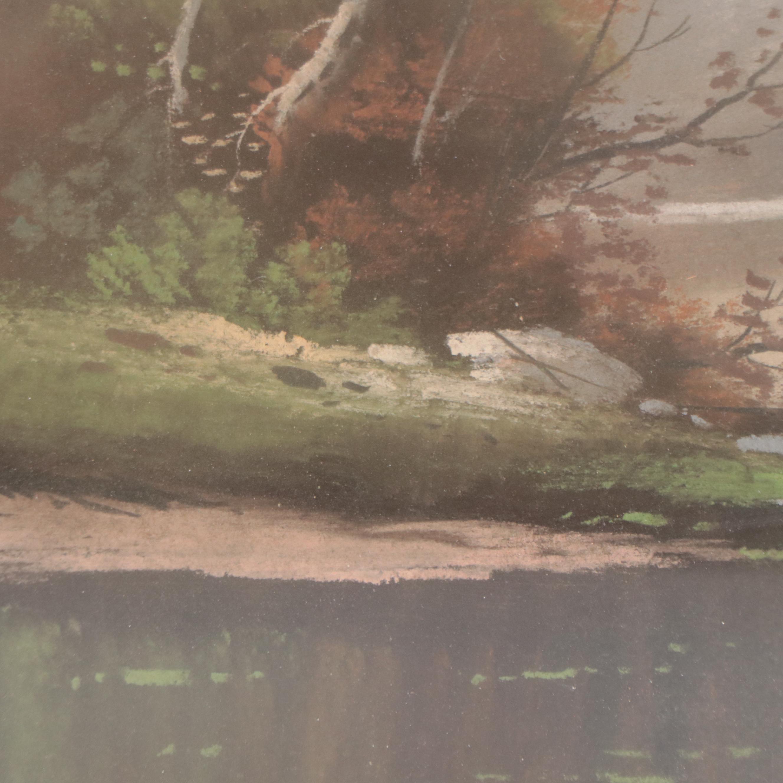 River Landscape Pastel Drawing, Early 20th Century