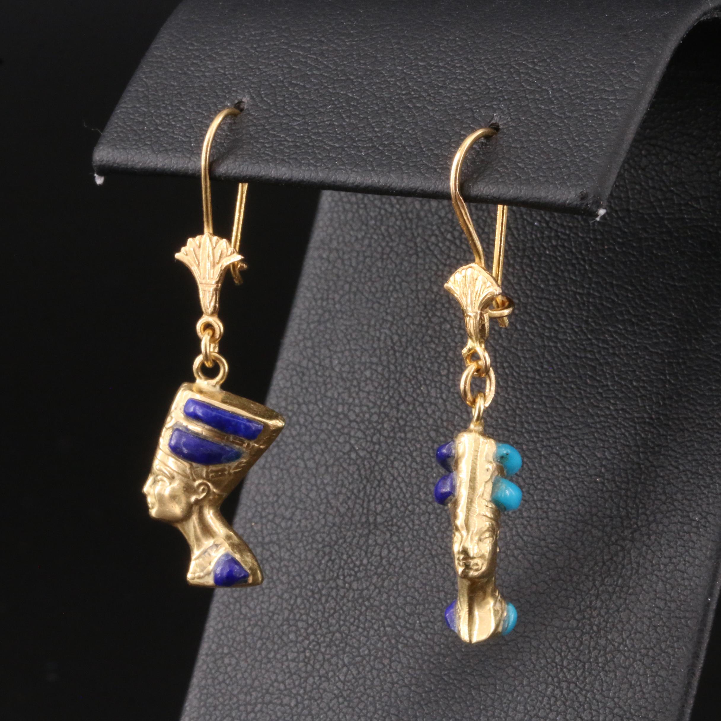 18K Turquoise and Lapis Lazuli Inlay Egyptian Queen Nefertiti Earrings