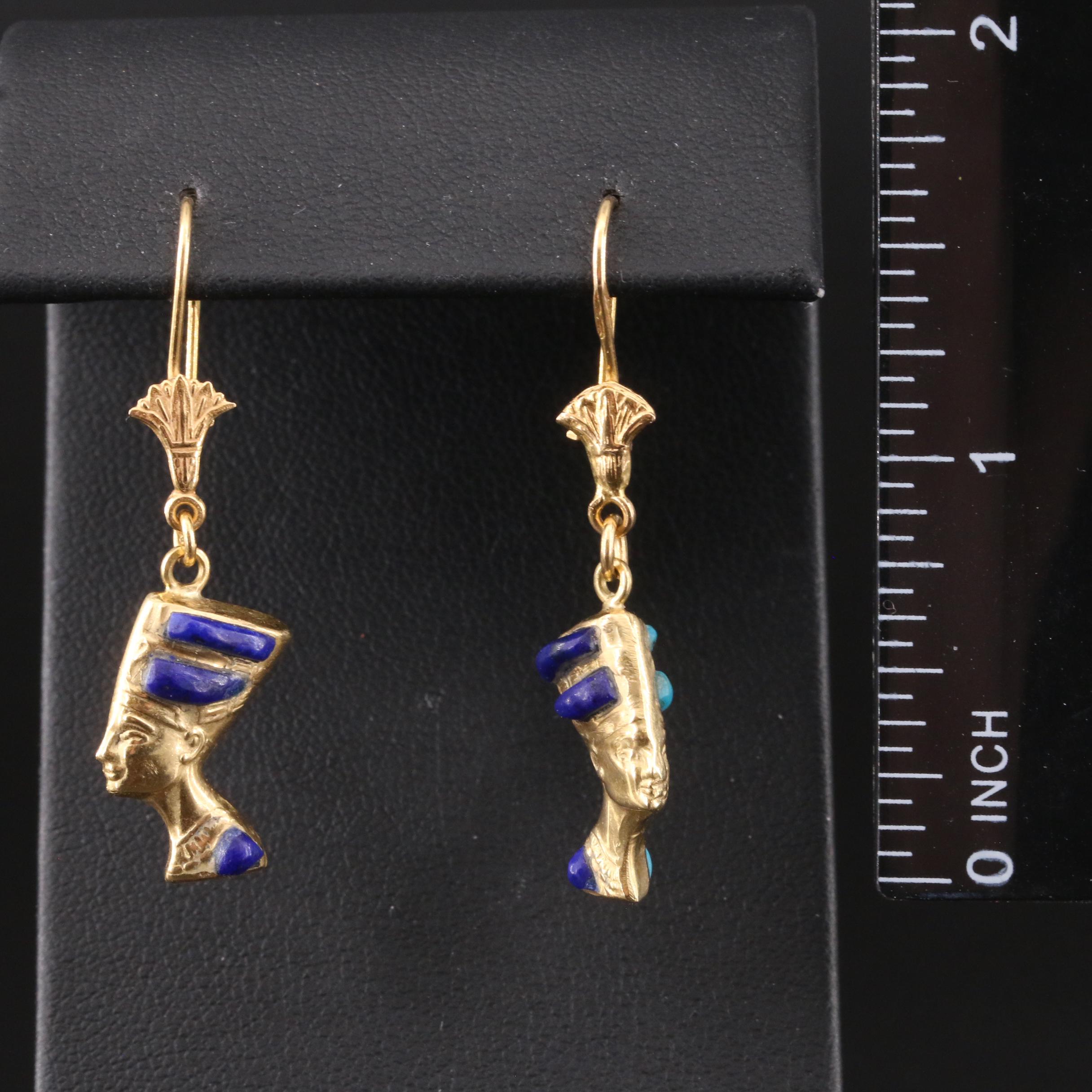 18K Turquoise and Lapis Lazuli Inlay Egyptian Queen Nefertiti Earrings