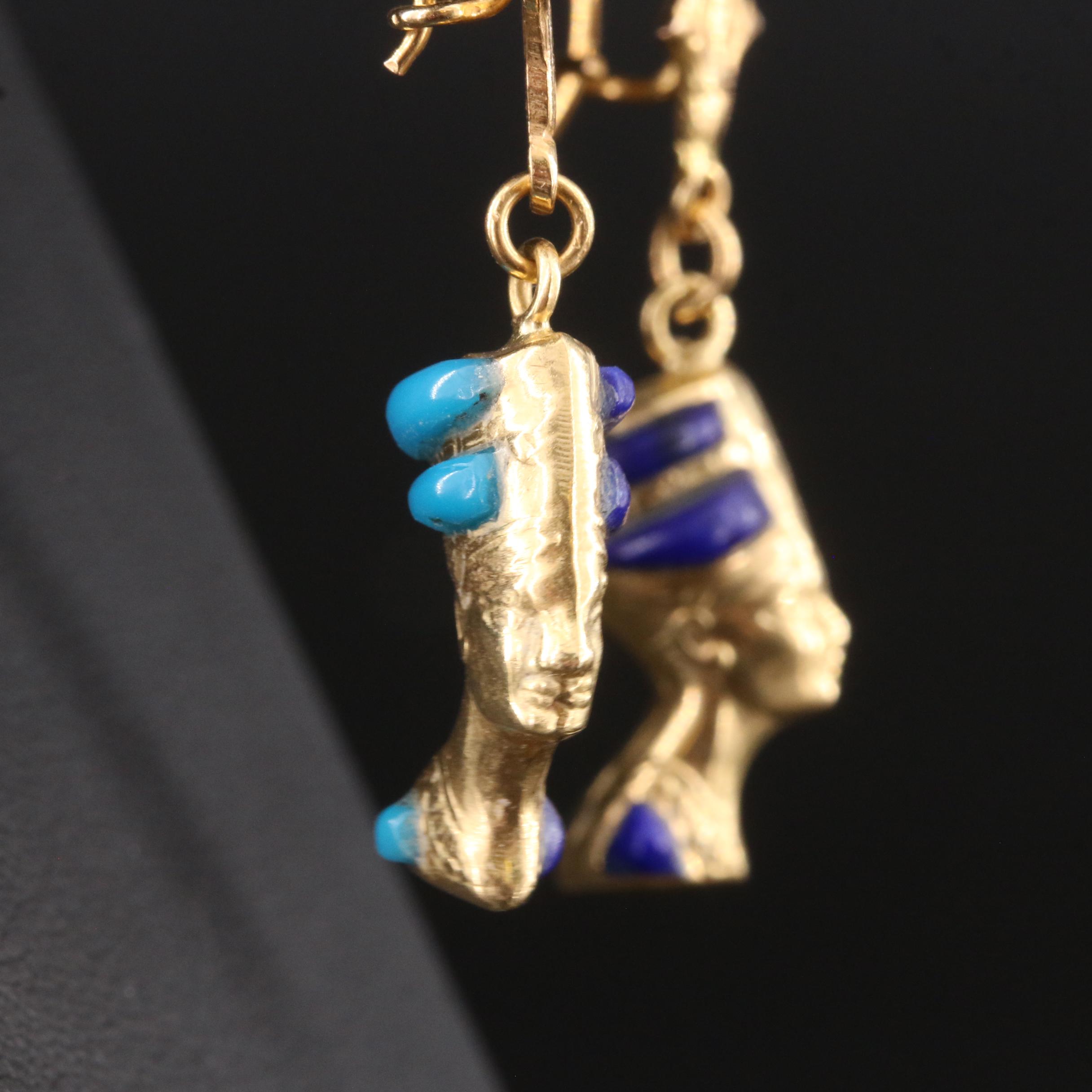18K Turquoise and Lapis Lazuli Inlay Egyptian Queen Nefertiti Earrings