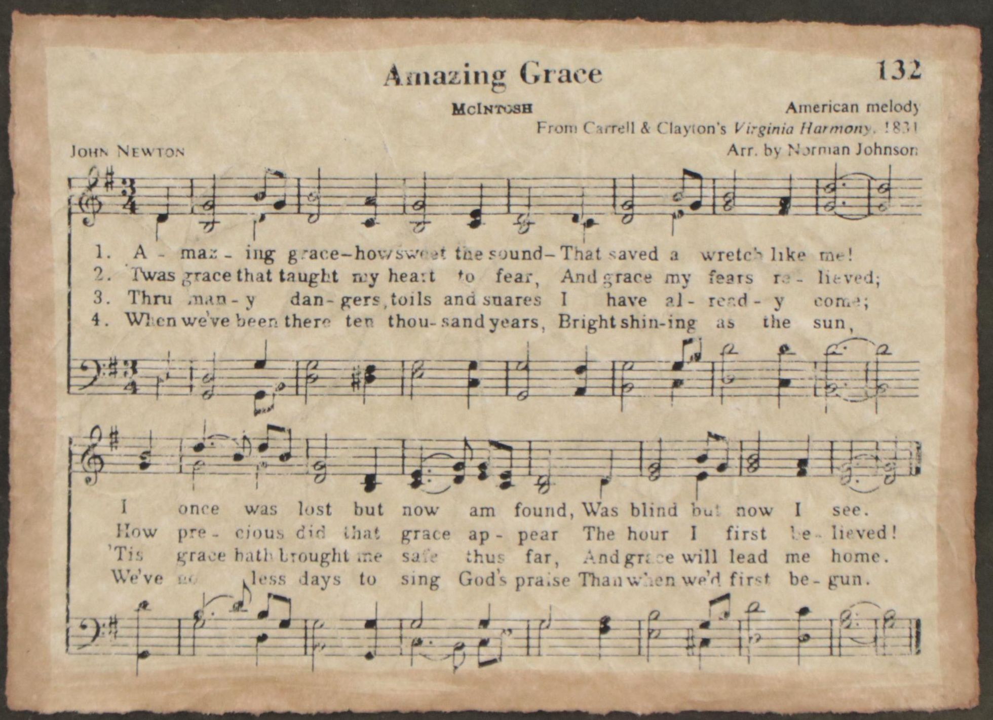 Norman Johnson Piano Sheet Music for "Amazing Grace" in Frame