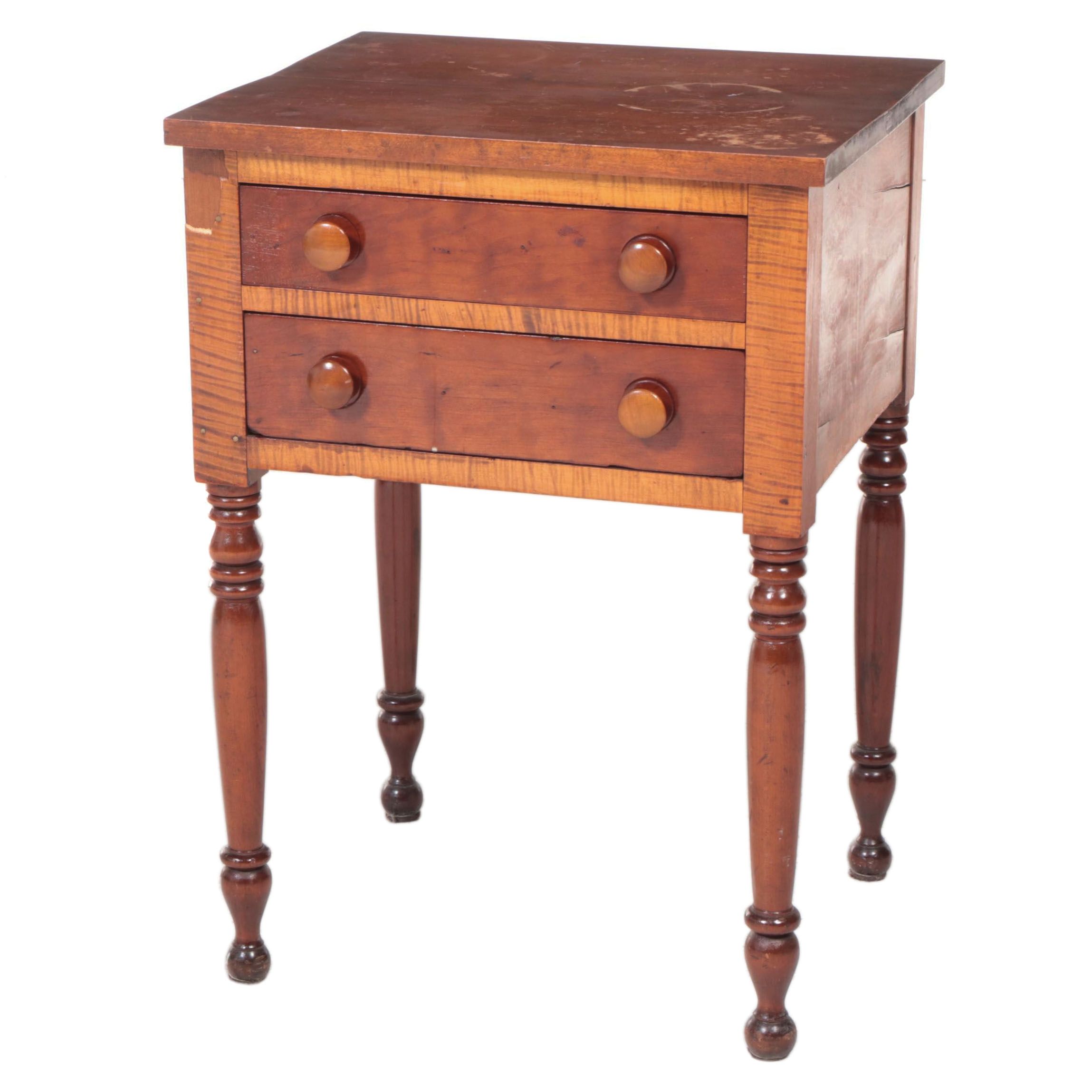 American Curly Maple and Walnut Work Table, Mid-19th Century