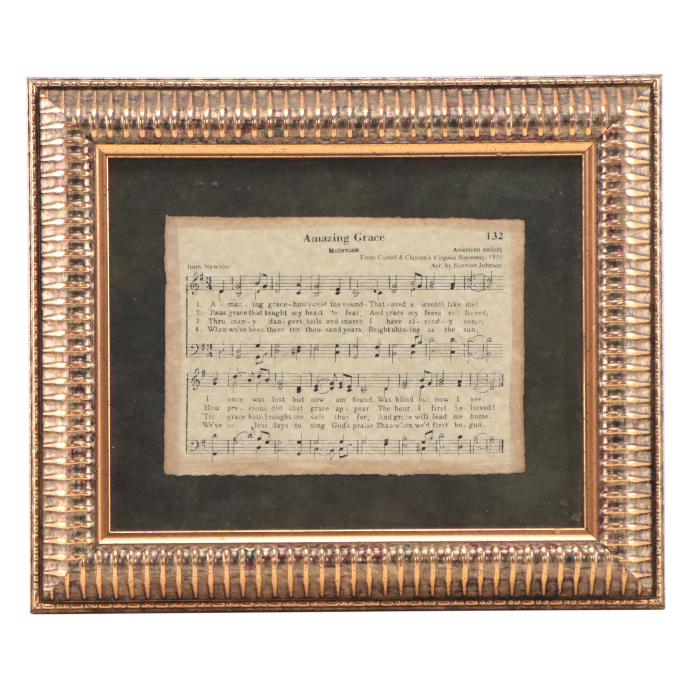 Norman Johnson Piano Sheet Music for "Amazing Grace" in Frame