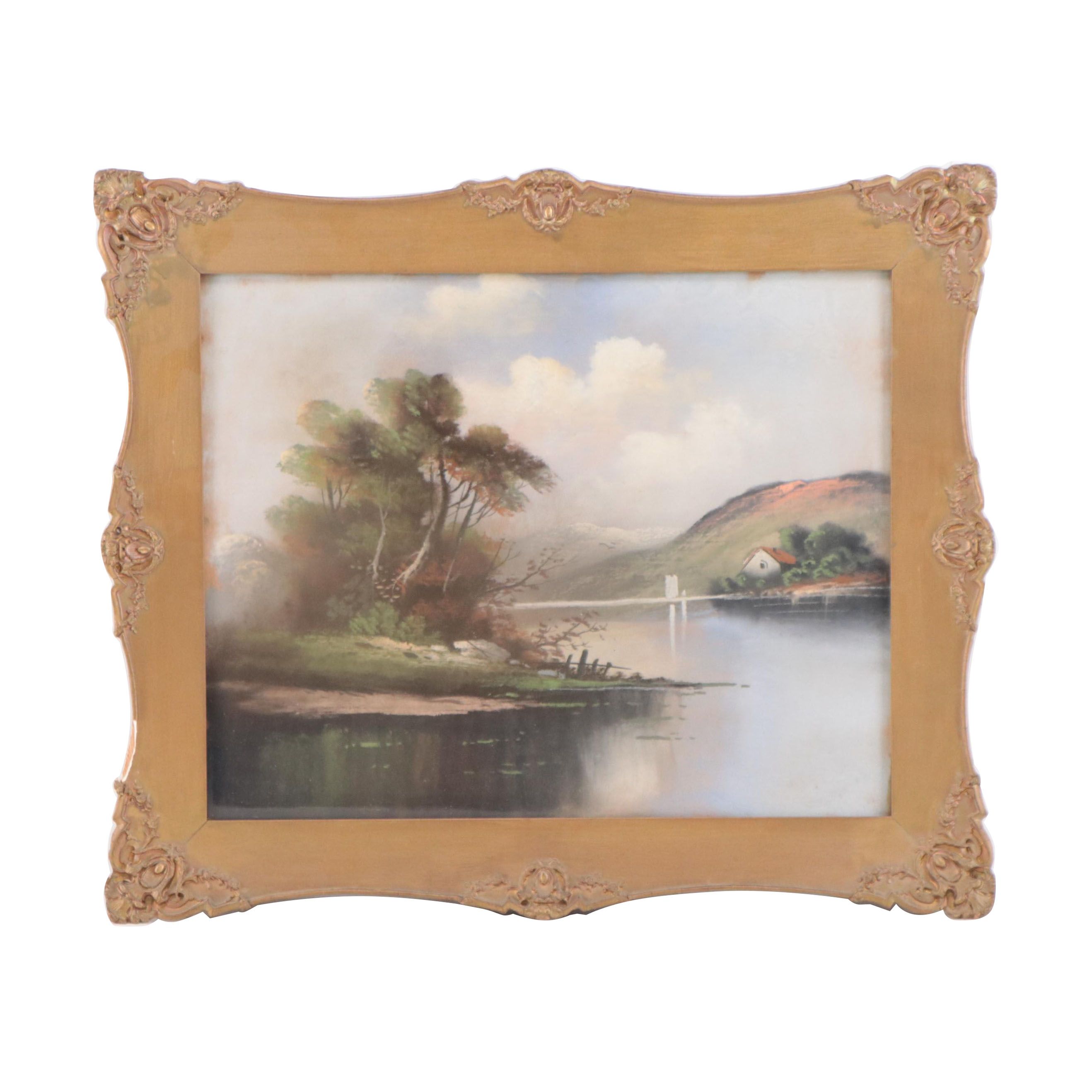 River Landscape Pastel Drawing, Early 20th Century