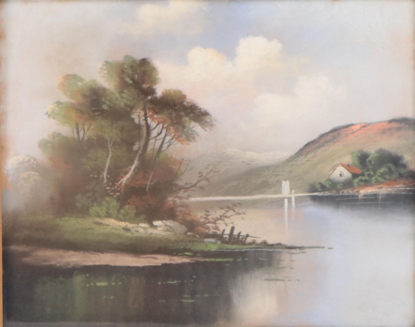 River Landscape Pastel Drawing, Early 20th Century