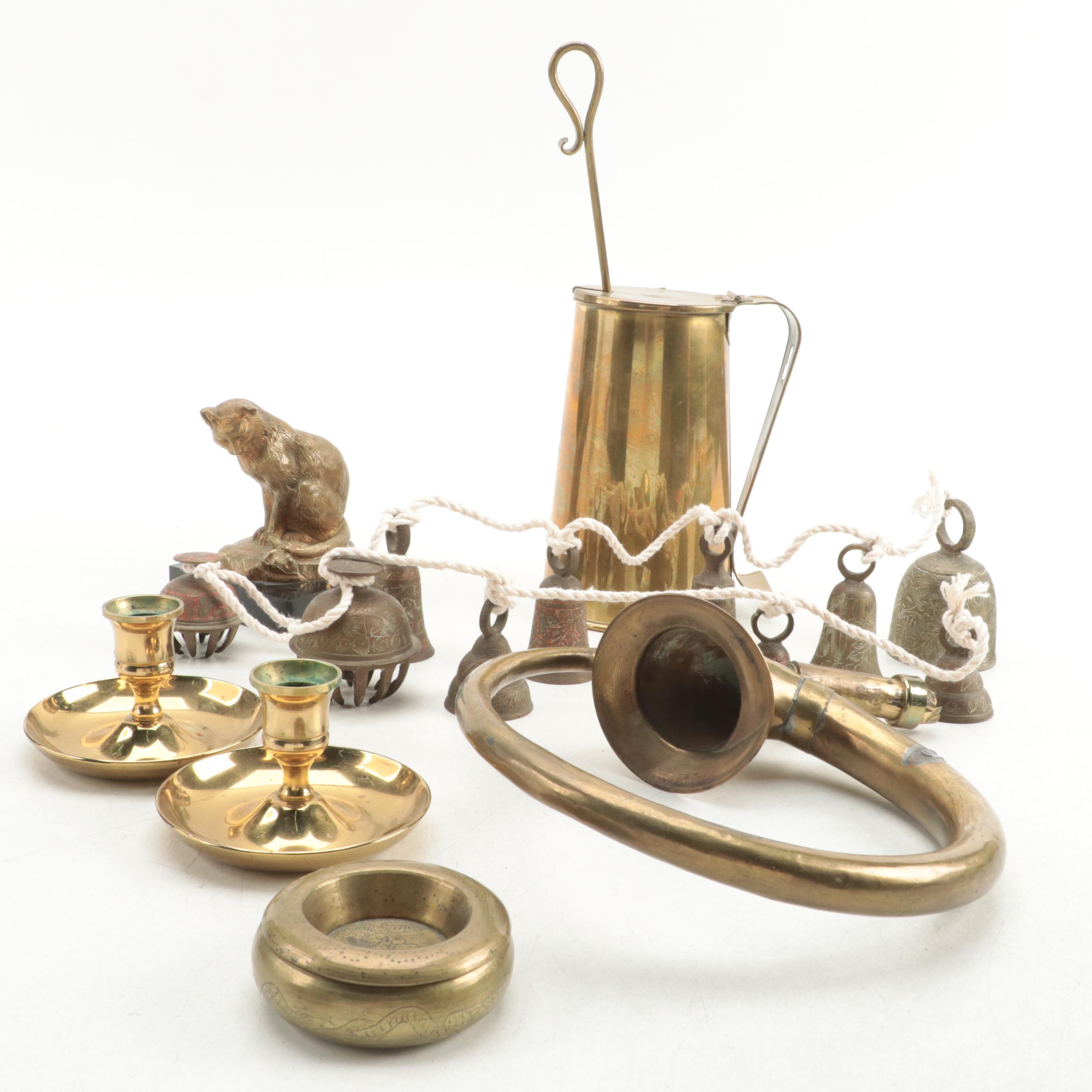 Brass Fire Starter, Squeeze Bulb Car Horn and Candlesticks with Other Items