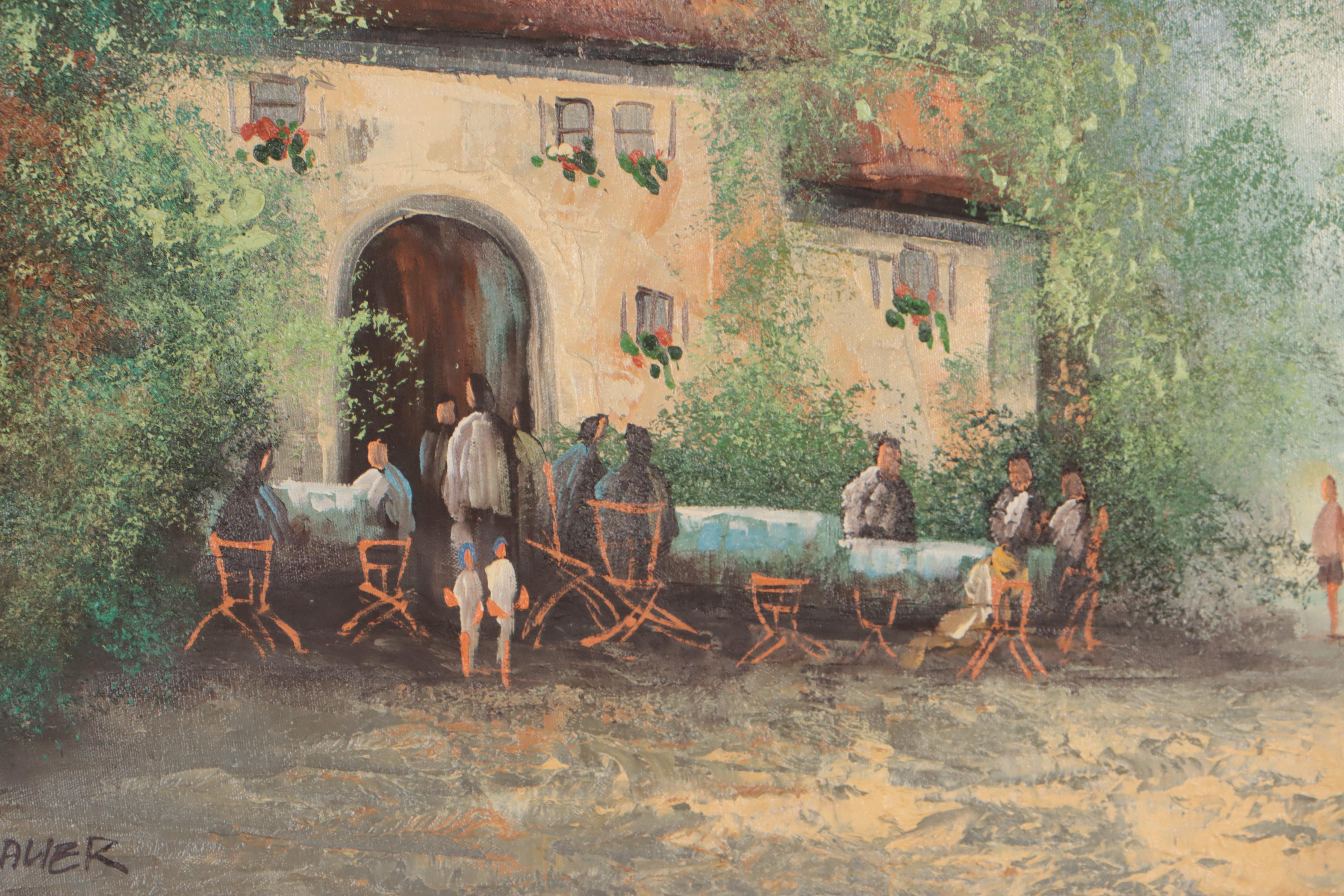 Brauer Oil Painting of Forest Cafe, Late 20th Century